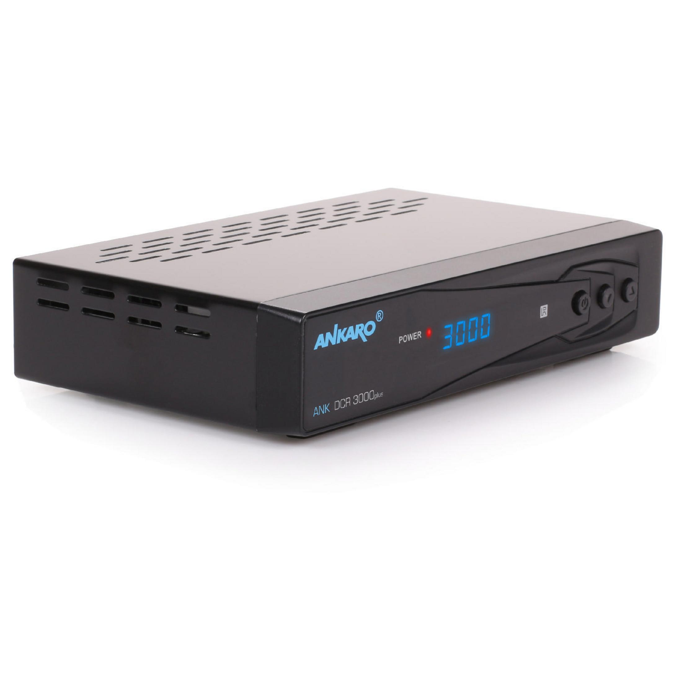 Schwarzer digitaler Receiver mit blauer Anzeige und Knöpfen.