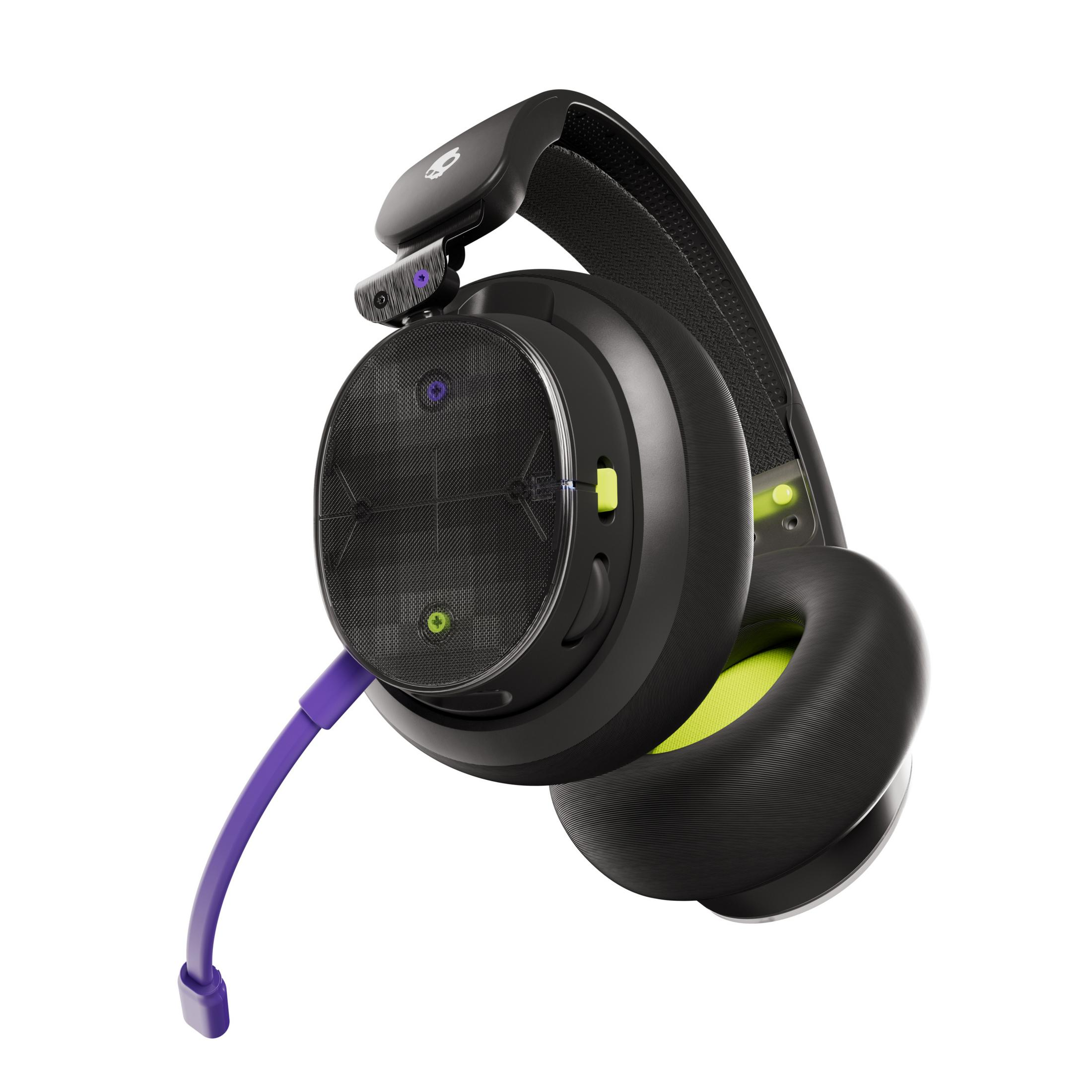 Cuffie da gioco nere con microfono viola e accenti gialli.