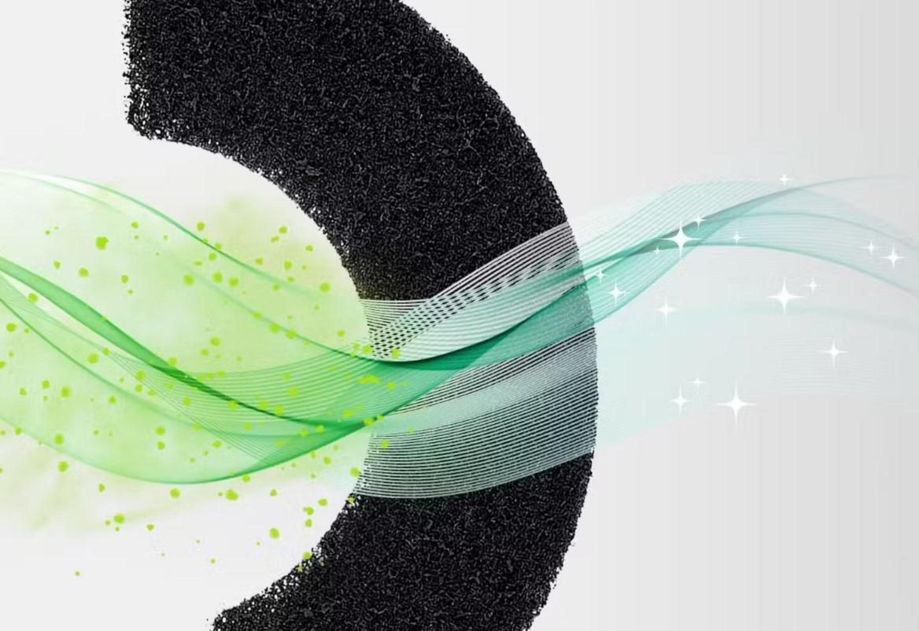 Zwart getextureerd filter met groene en blauwe golvende lijnen op een lichtgrijze achtergrond.
