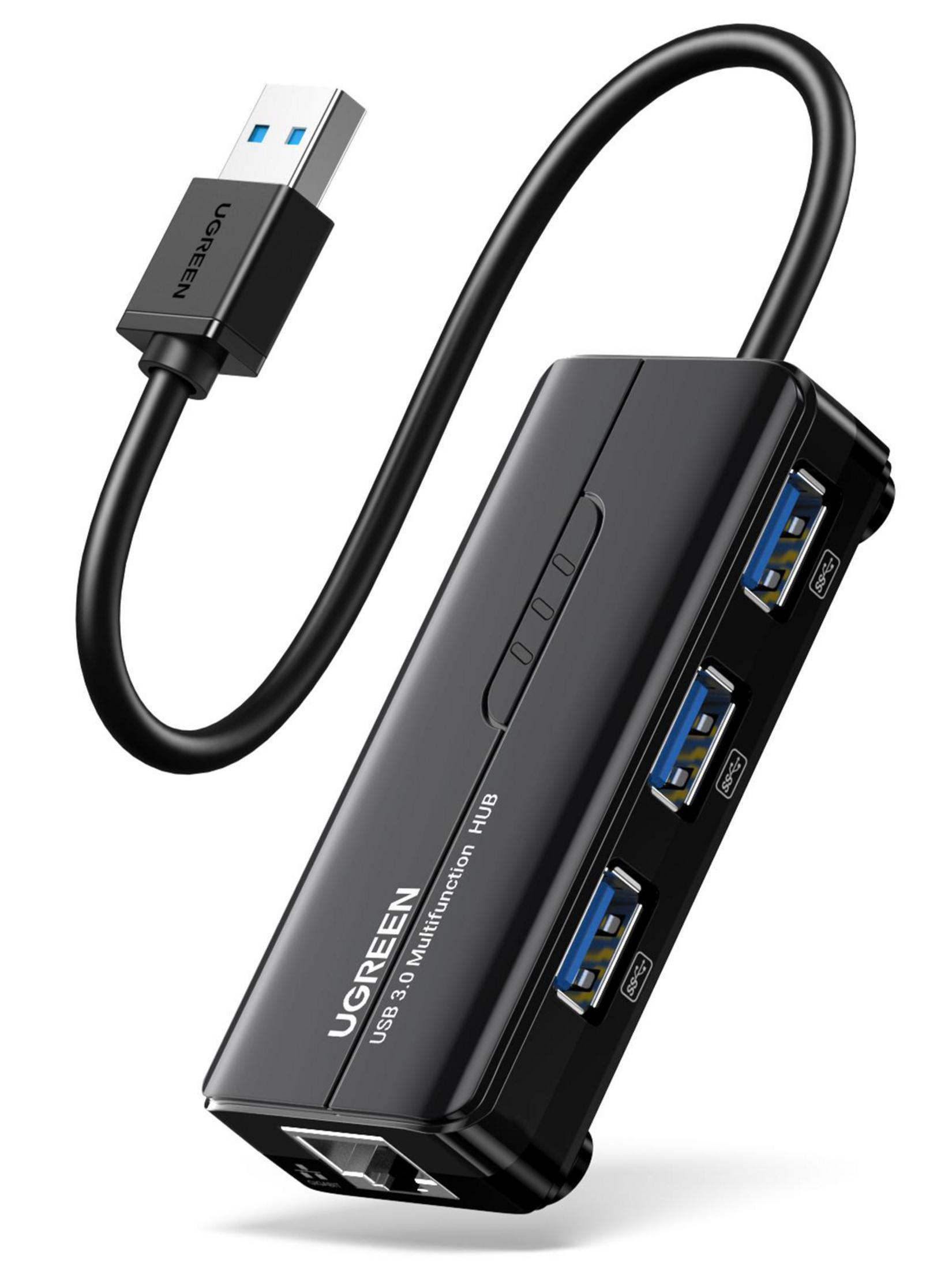 Hub multifunzione USB 3.0 nero con cavo e porte.
