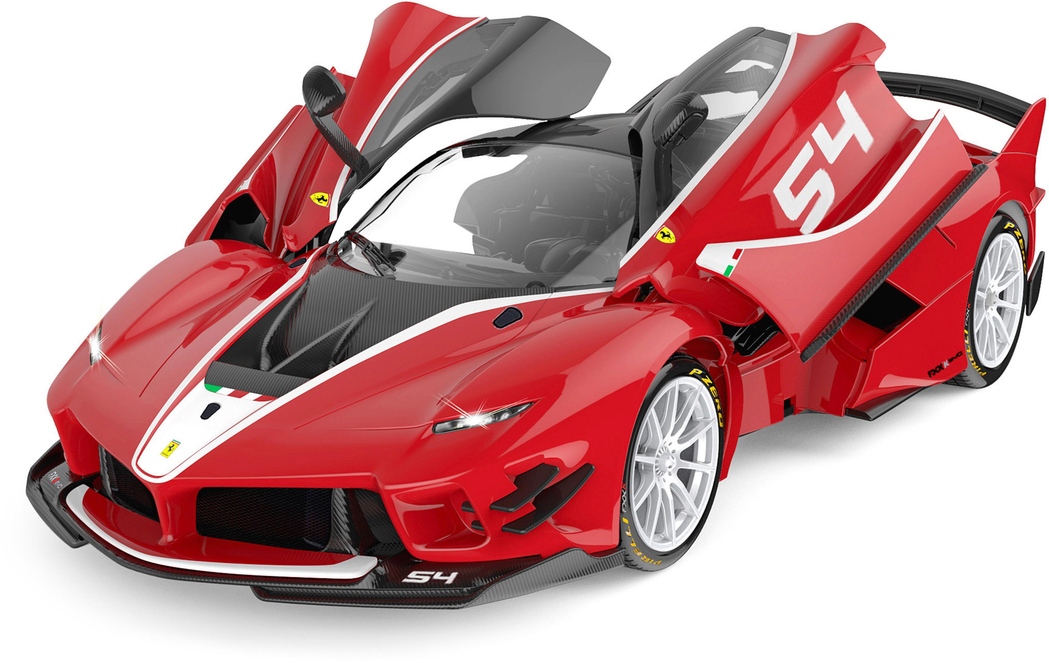 Roter Ferrari mit offenen Türen, Nummer 54, auf weißem Hintergrund.