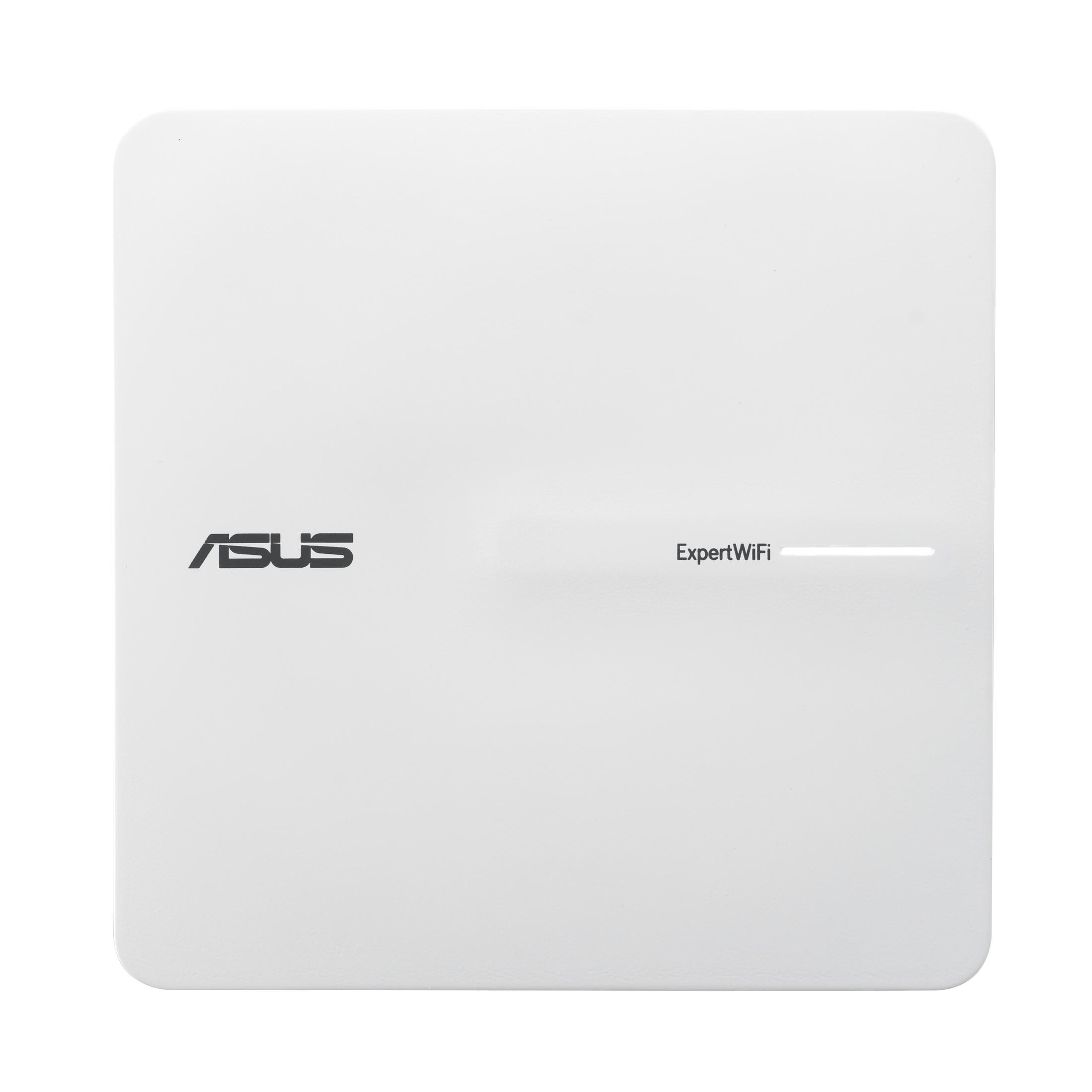 Un dispositivo Asus ExpertWiFi bianco con logo e striscia luminosa.