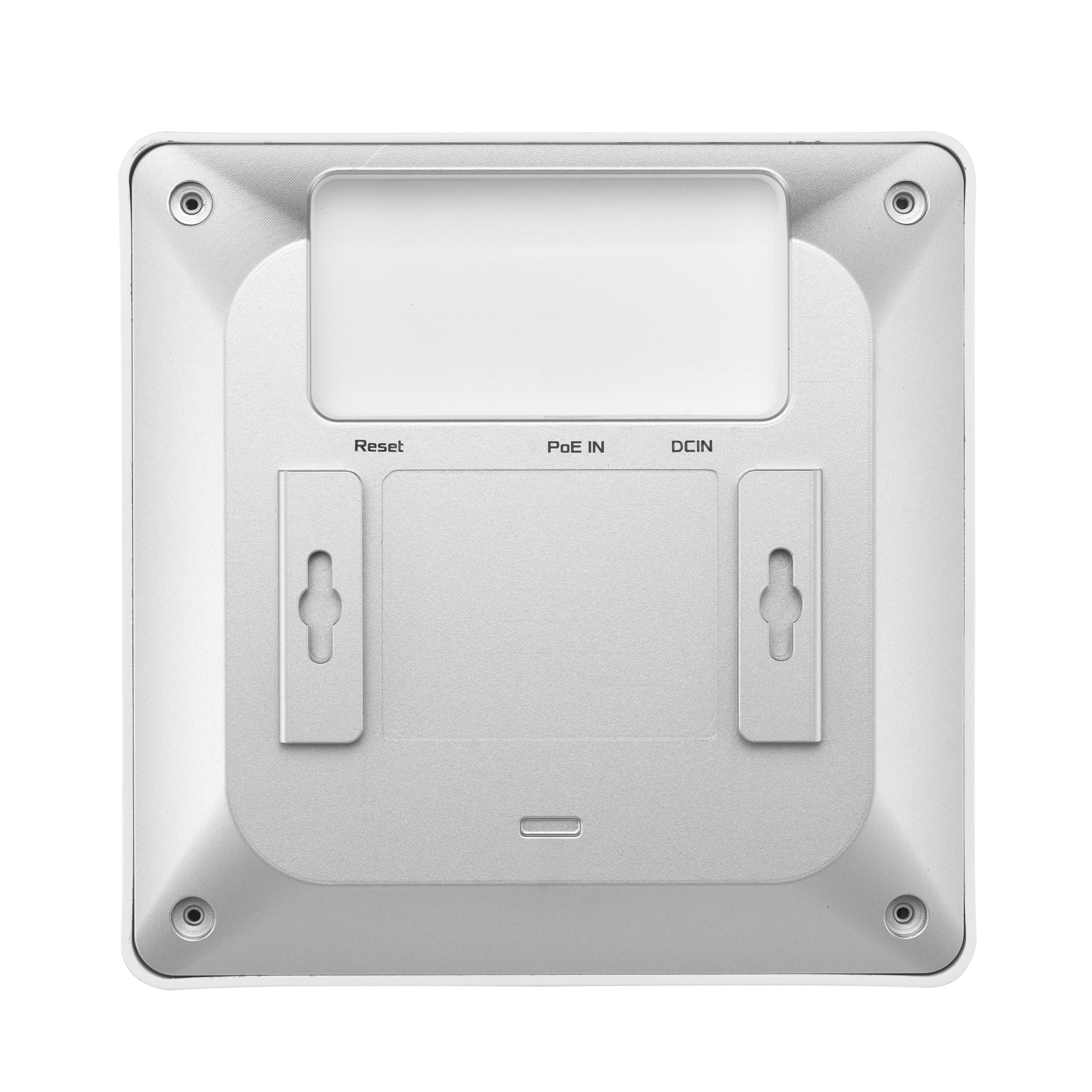 Parte inferiore di un dispositivo bianco con etichette: Reset, PoE IN, DCIN.
