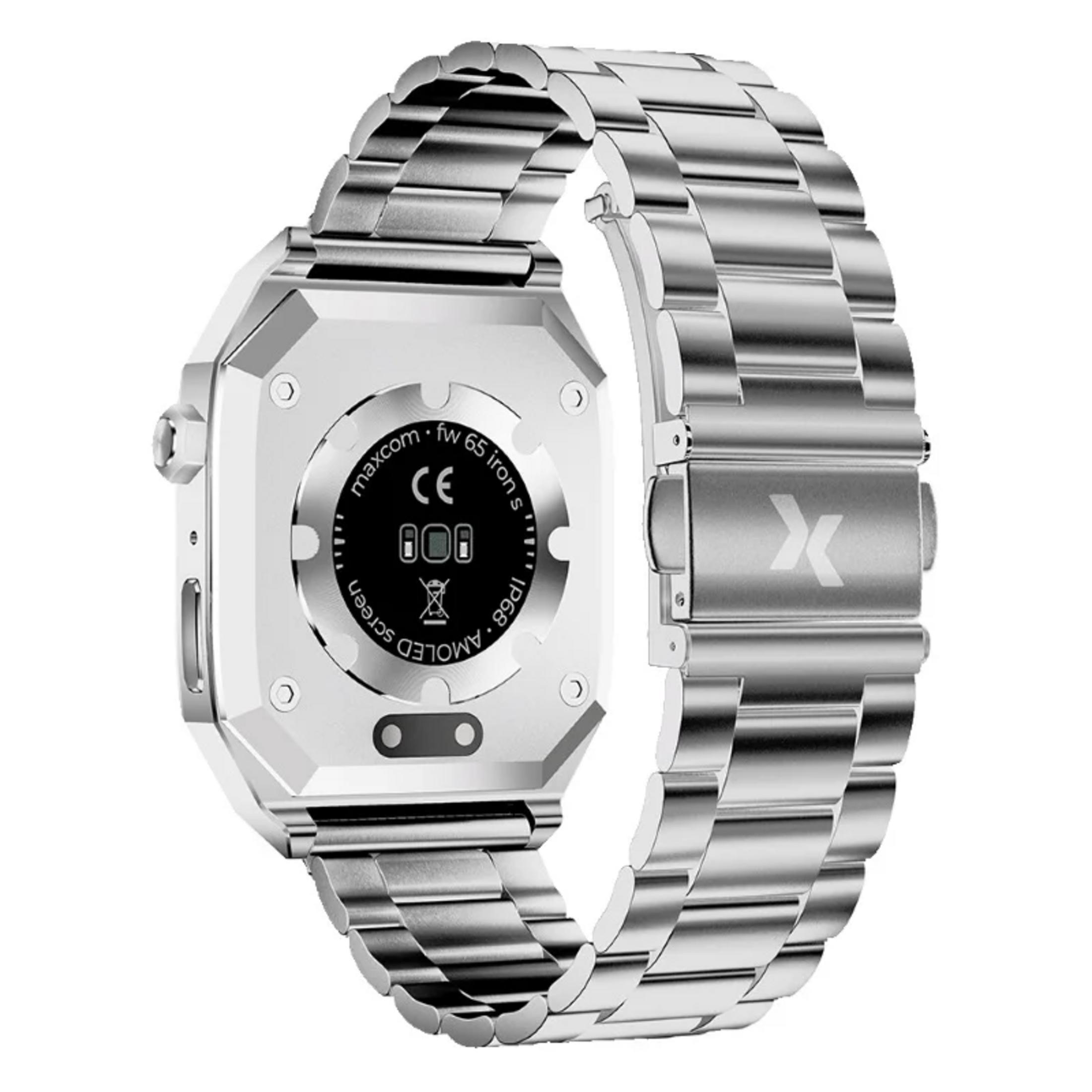 Retro di uno smartwatch argentato con cinturino in metallo. Testo e marchio CE visibili.