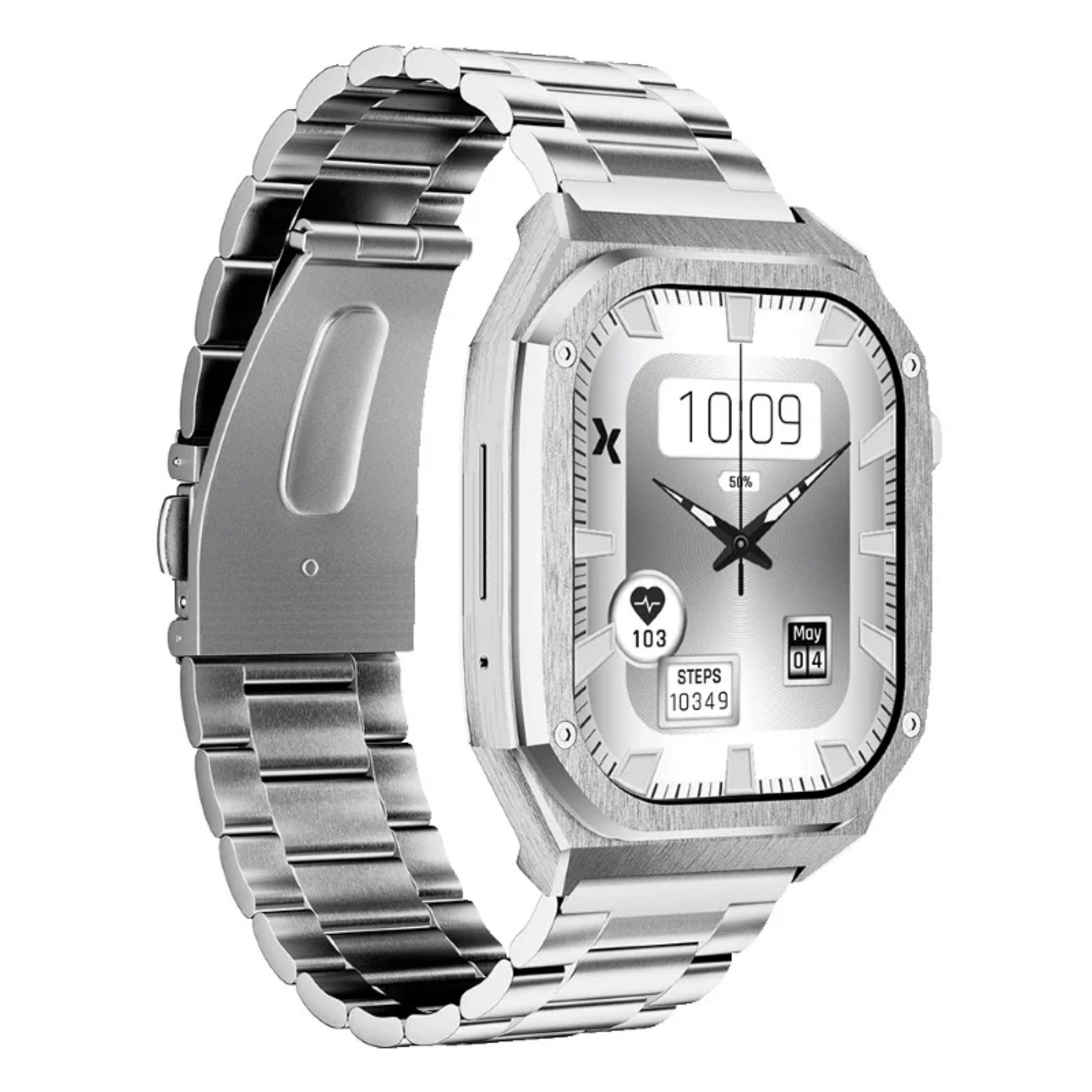 Smartwatch argentato con cinturino in metallo, mostra le 10:09, 103 battiti e 10349 passi.
