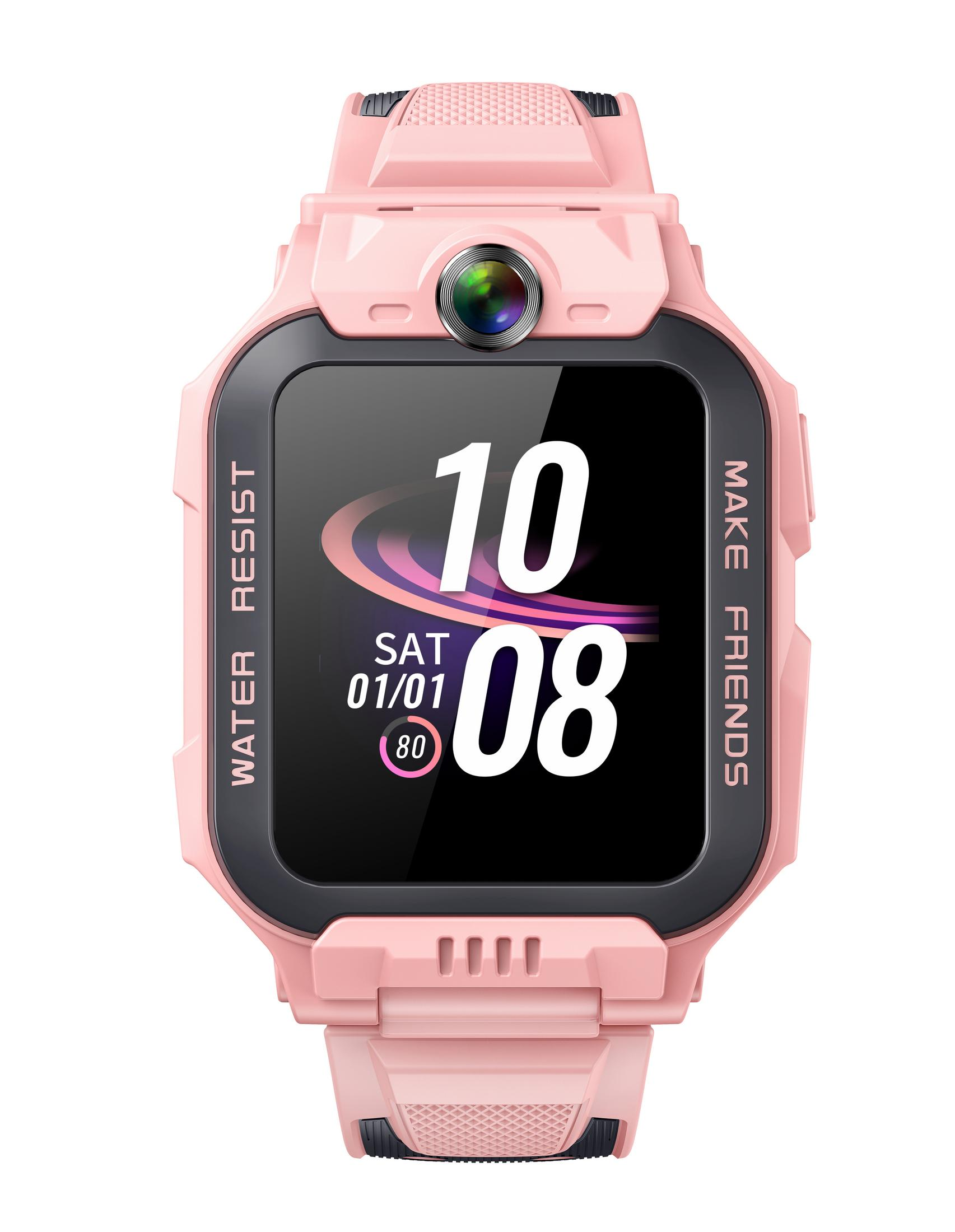 Uno smartwatch rosa con fotocamera mostra le 10:08.