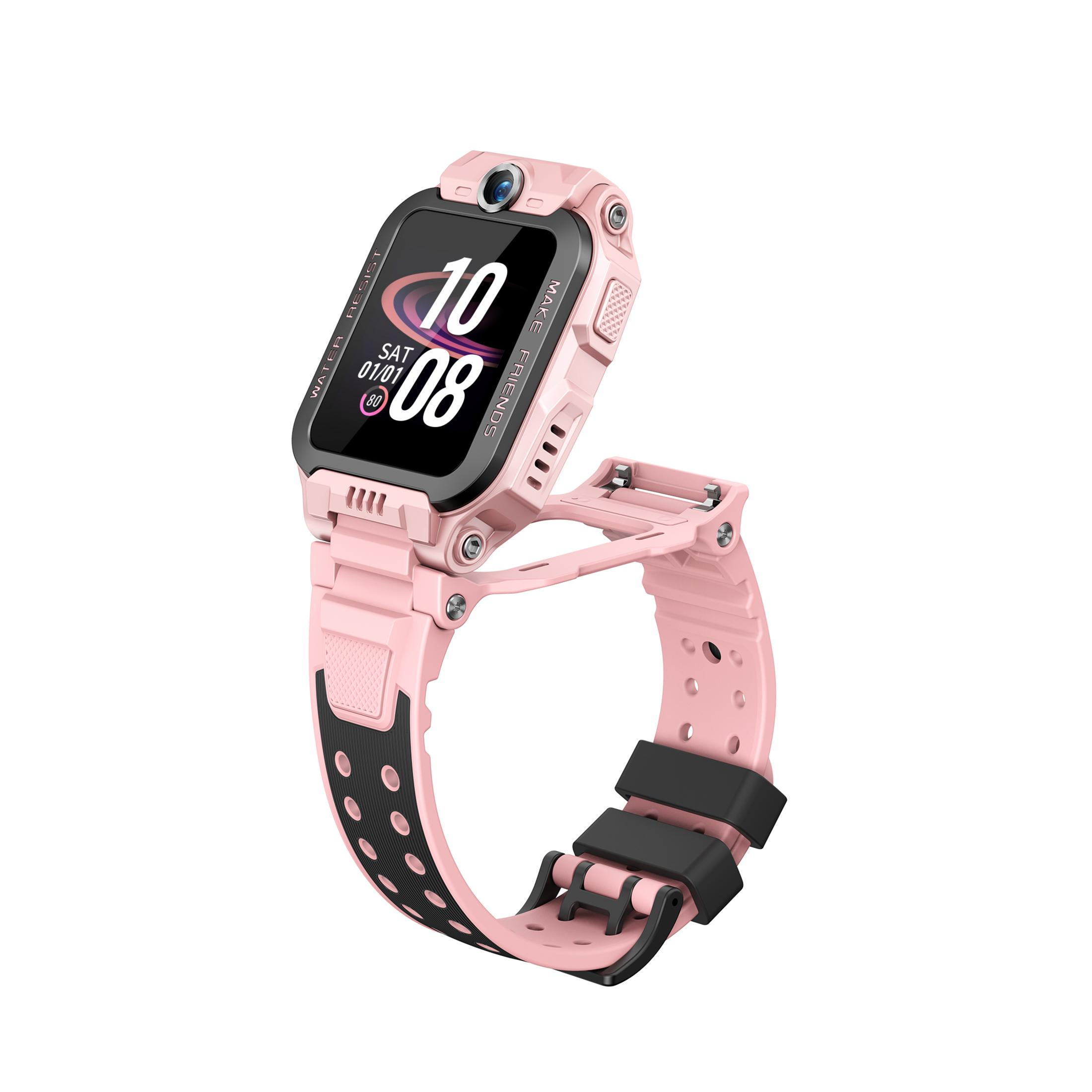 Uno smartwatch rosa con cinturino nero, fotocamera e display digitale dell'ora.