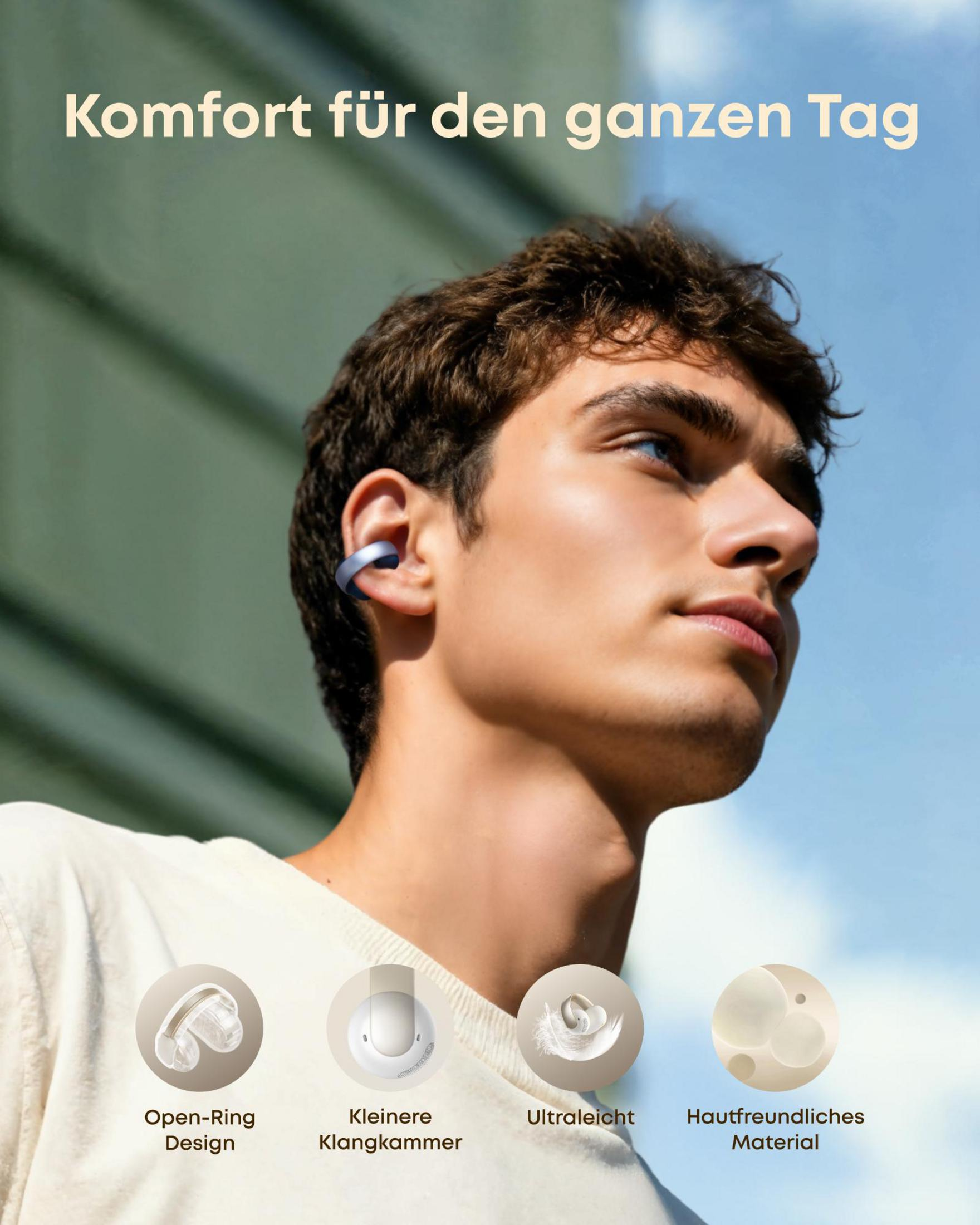 Un hombre lleva un audífono azul. Cuatro iconos muestran diseño, cámara, peso y material.