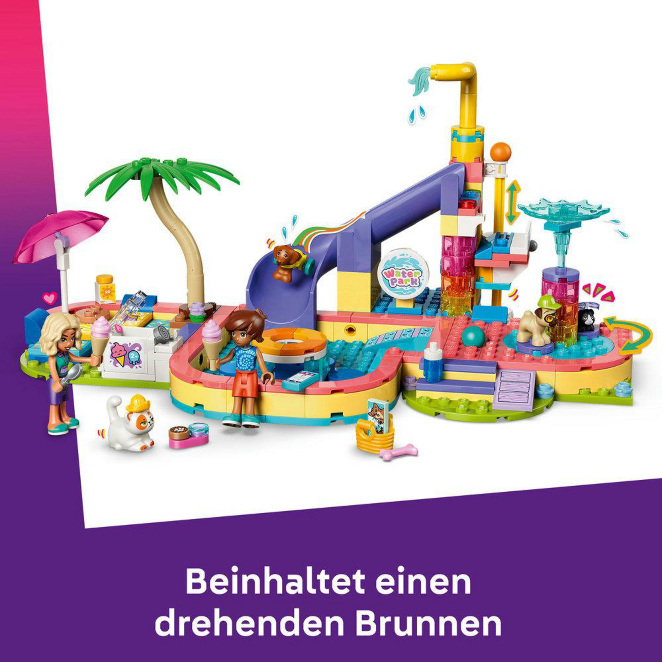 Un colorato parco acquatico LEGO con scivoli, personaggi, animali e gelati.