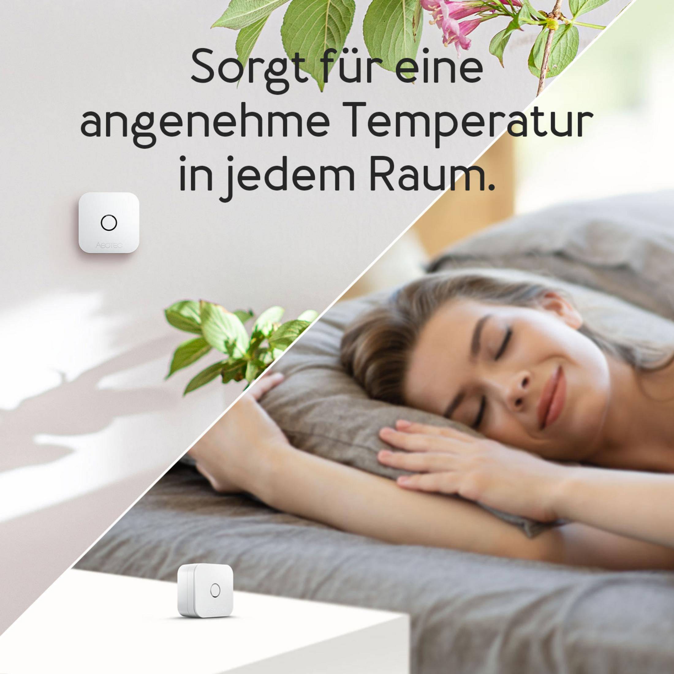 Ein weißer Sensor an der Wand über einer schlafenden Frau.