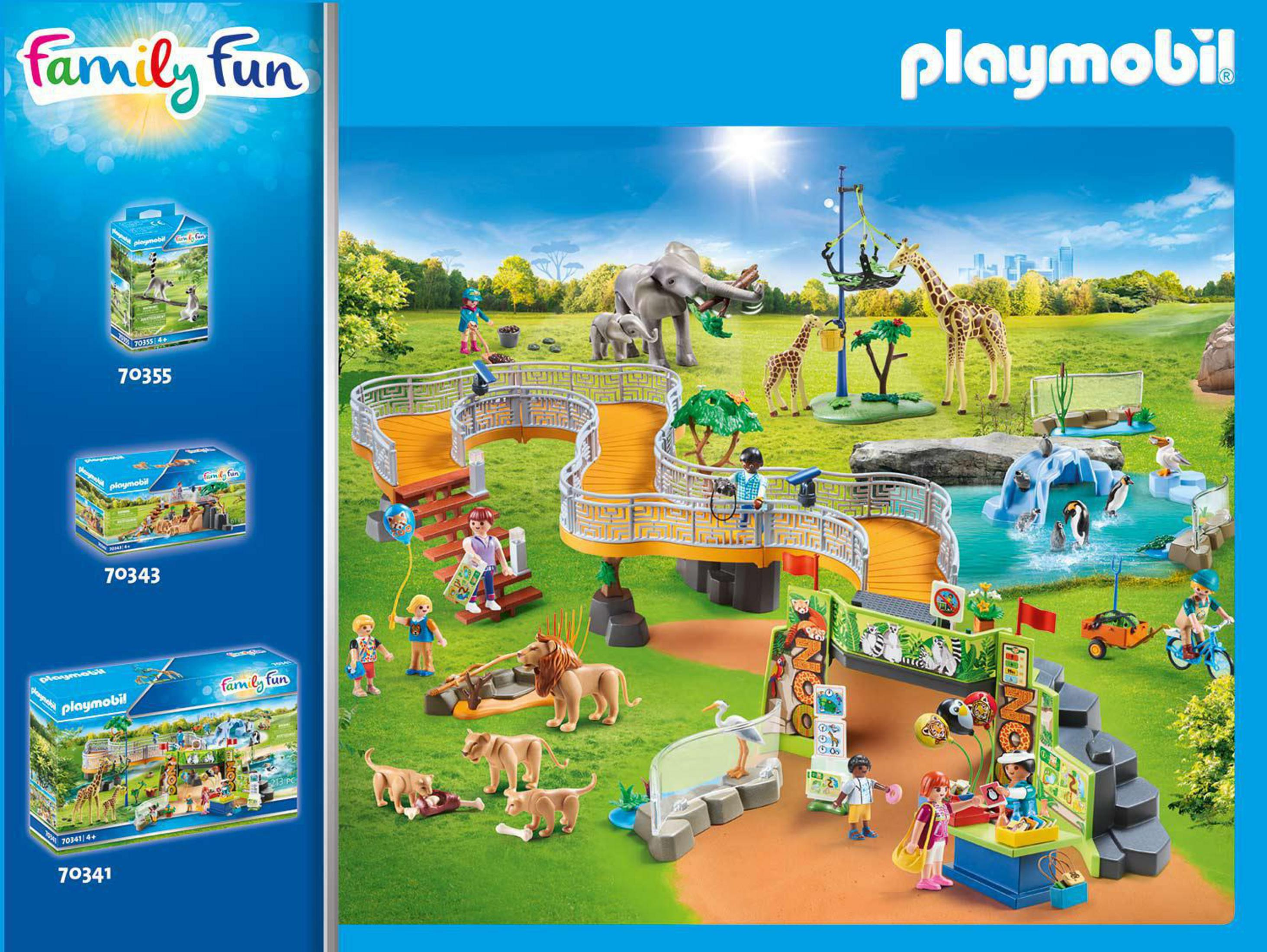 Scena zoo Playmobil con elefanti, giraffe, leoni, pinguini, panda rosso, lemuri.