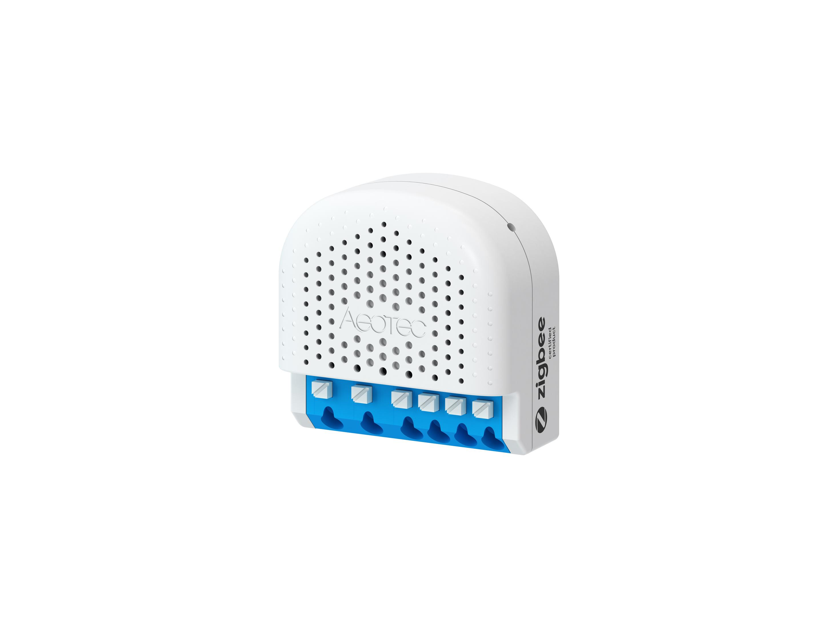 Ein weißes Zigbee-Gerät mit Lüftungsschlitzen und blauen Klemmen.