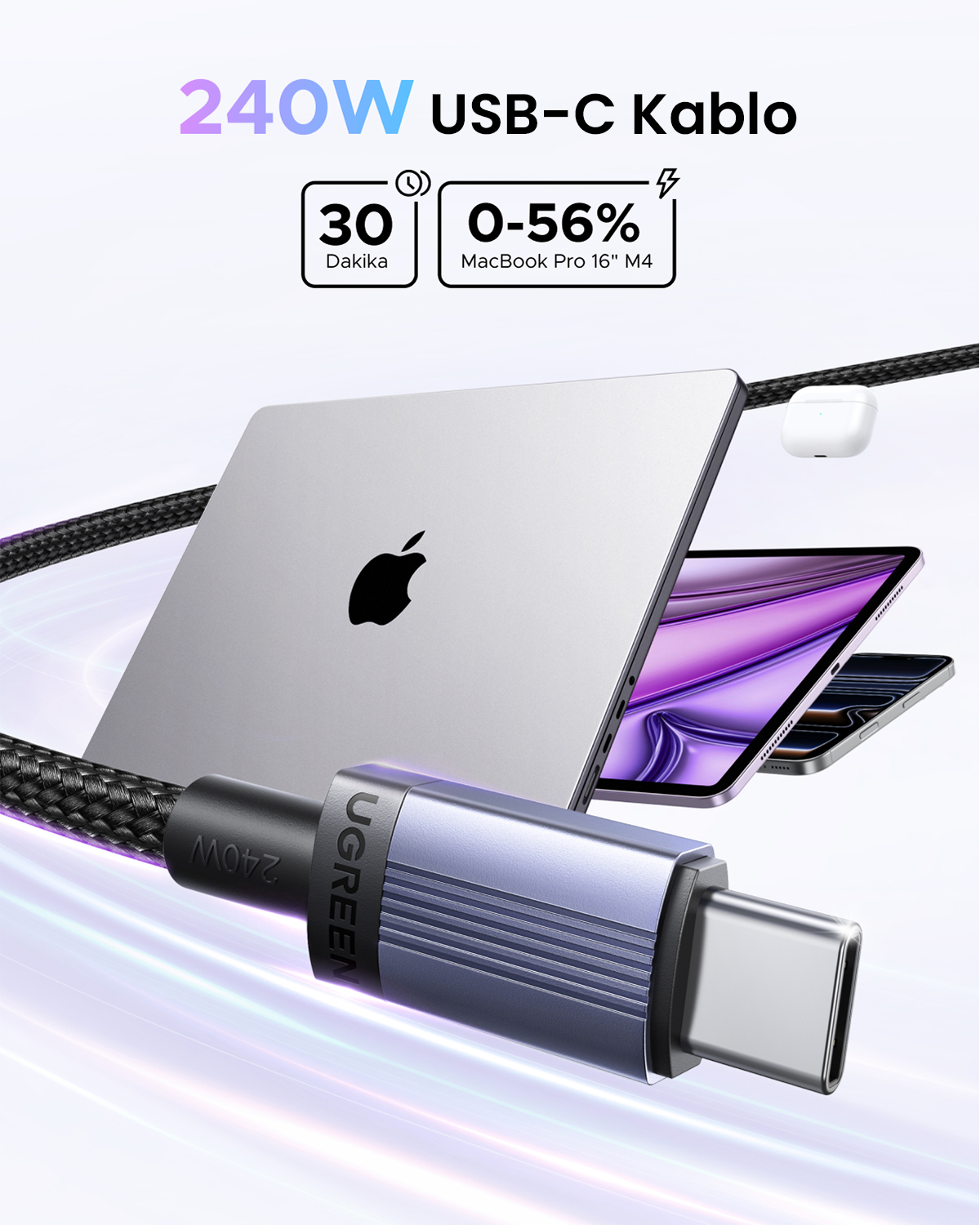 MacBook Pro z kablem USB-C 240W, ładuje 0-56% w 30 minut.