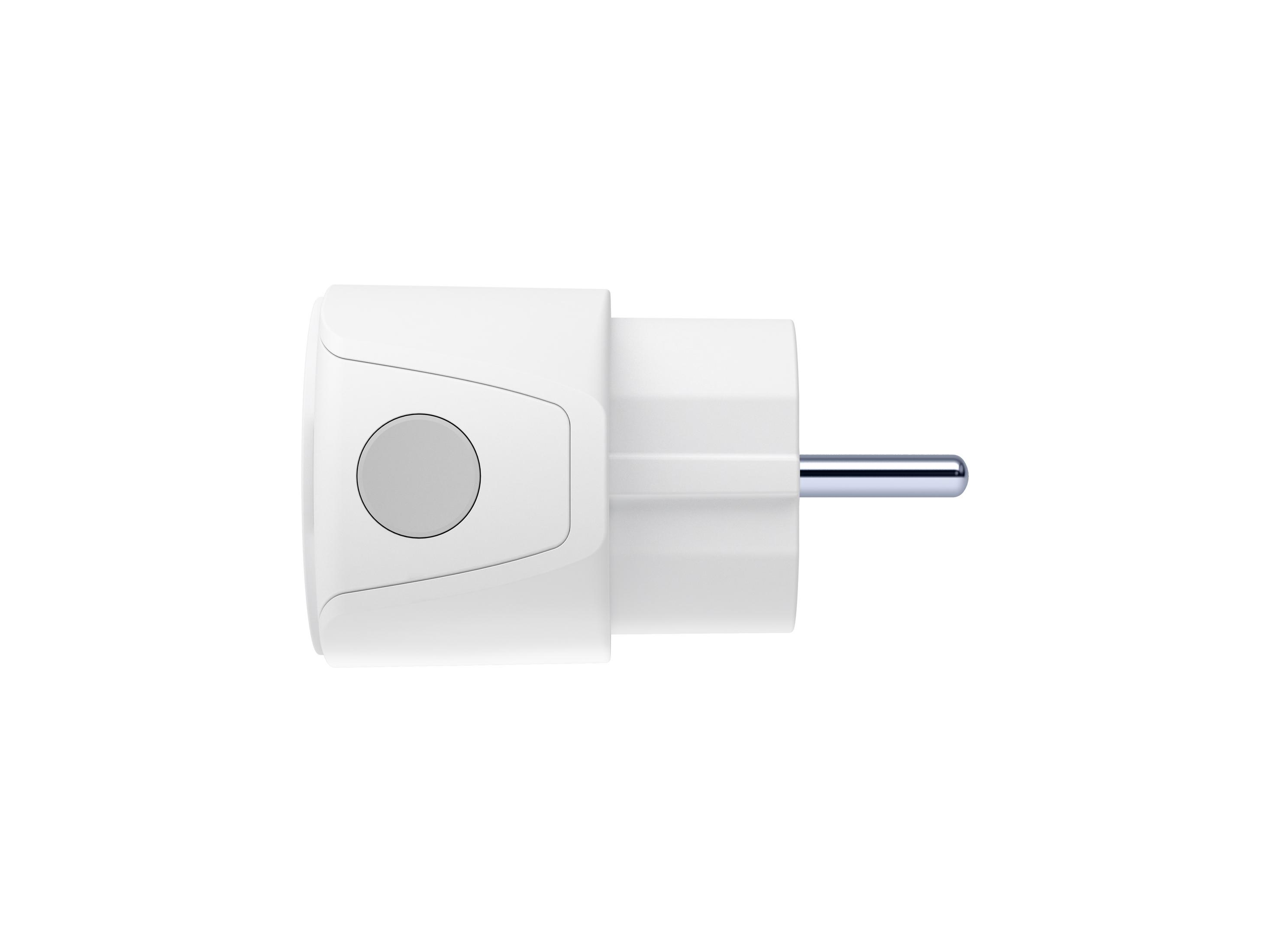 Ein weißer Stecker mit einem grauen Kreis auf der linken Seite.
