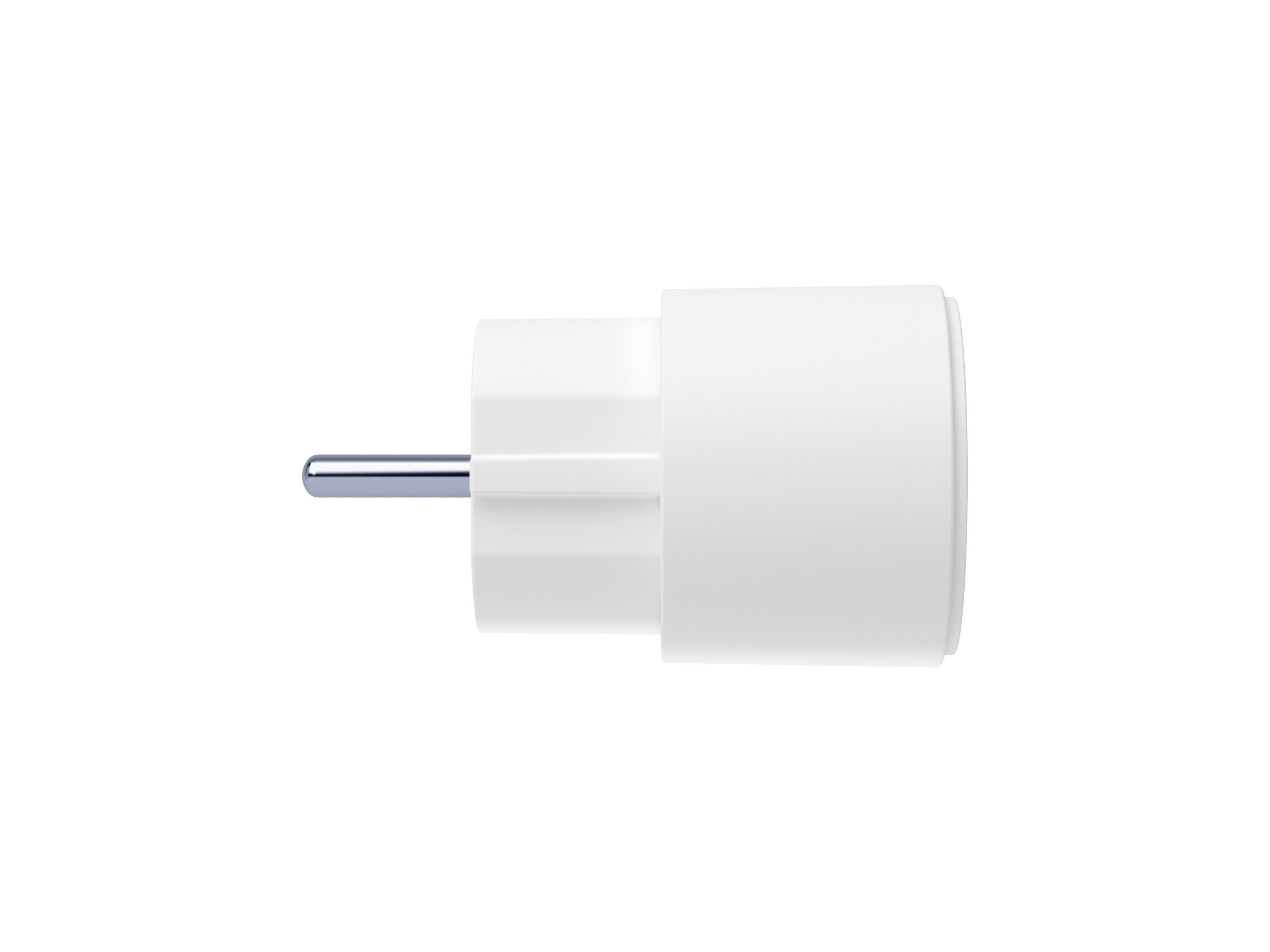 Ein weißer Steckdosenadapter mit einem silbernen Stift.