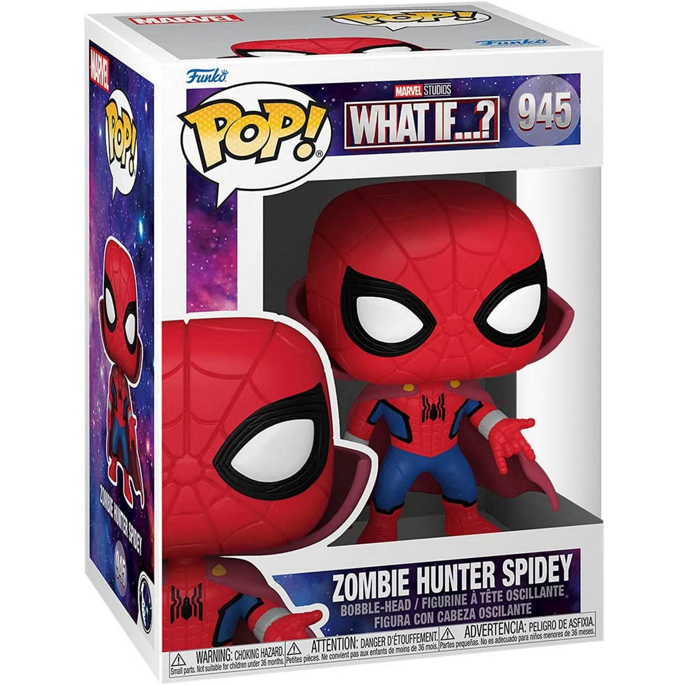 Action figure Funko Pop! Zombie Hunter Spidey, mantello rosso, pantaloni blu.