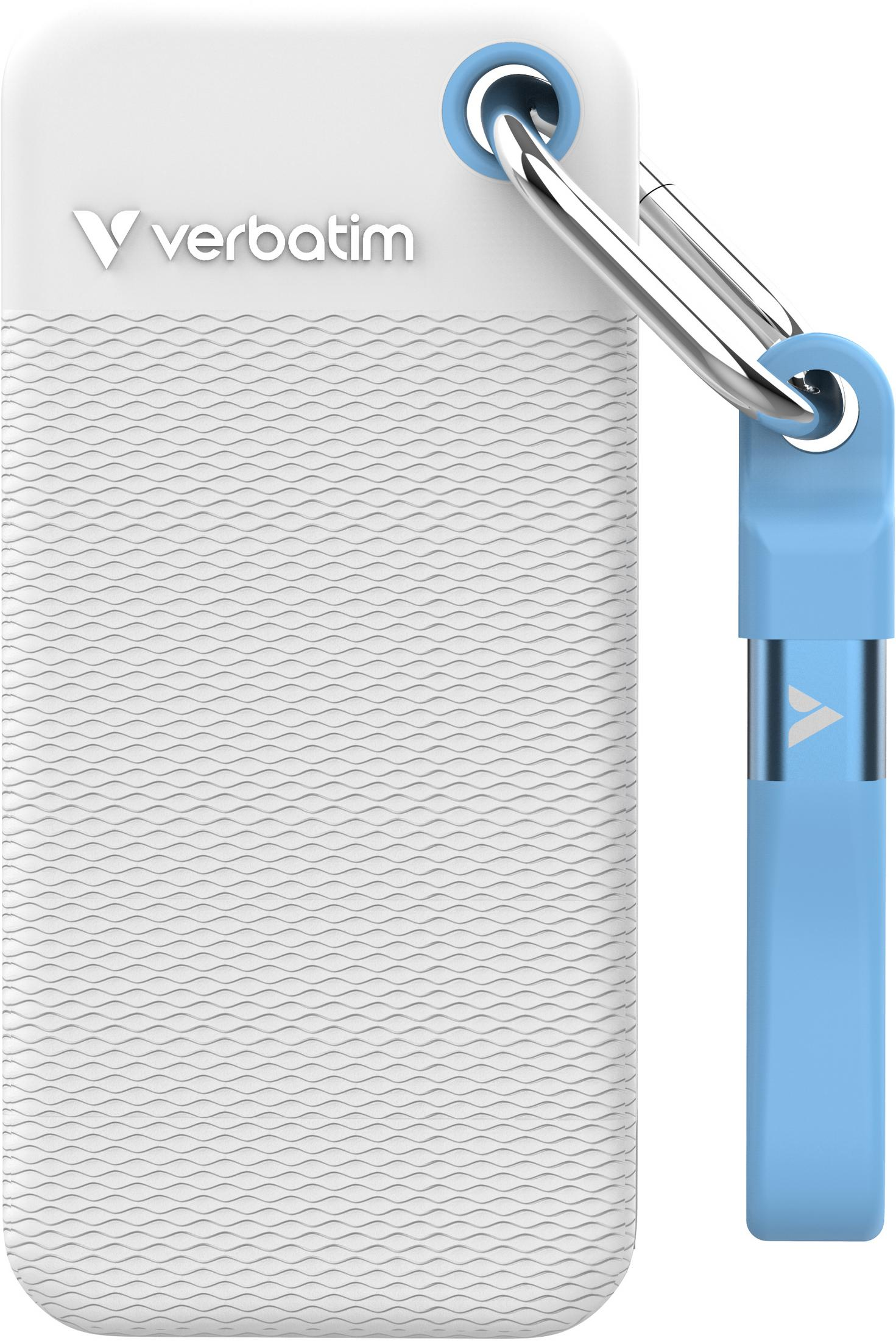 Ein weißer Verbatim USB-Stick mit blauem Anhänger und silbernem Schlüsselring.