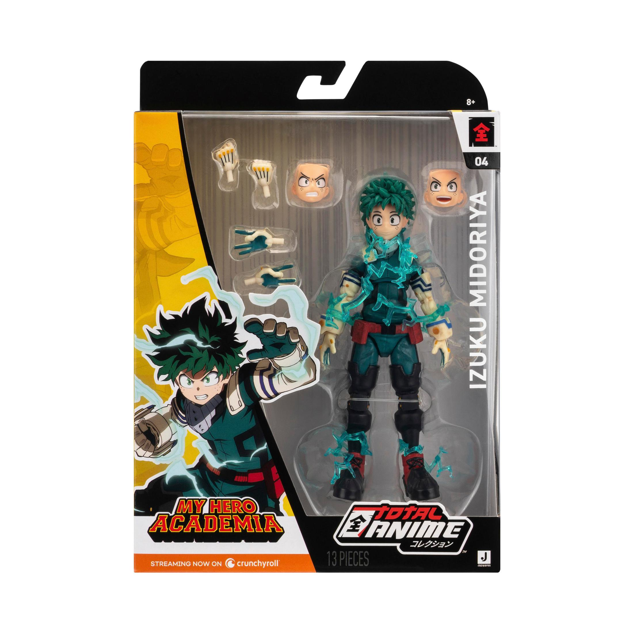Izuku Midoriya Actionfigur im Karton mit Zubehör und Anime-Illustration.