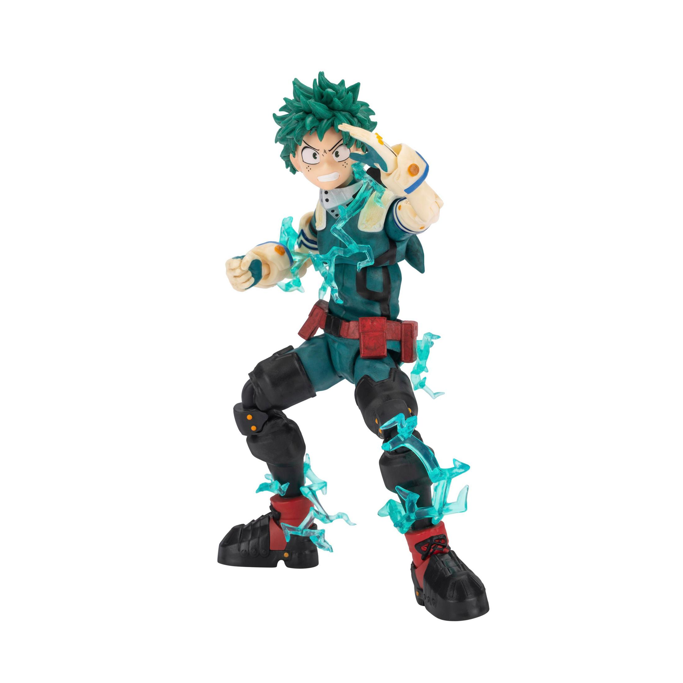 Eine Actionfigur von Deku mit grünen Haaren und einem blauen Anzug, umgeben von blauen Energieeffekten.