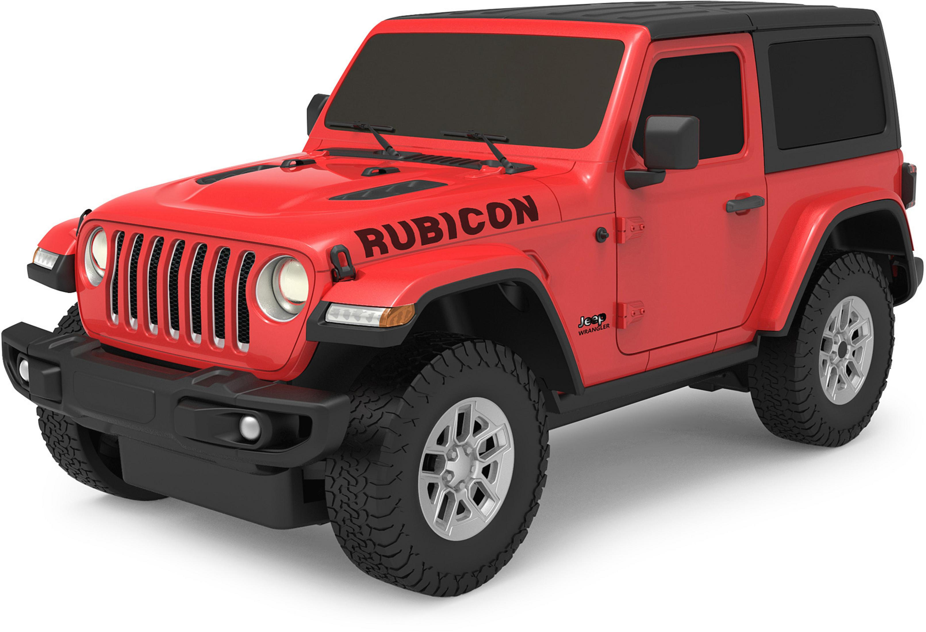 Ein roter Jeep Wrangler Rubicon mit schwarzem Dach und Felgen.