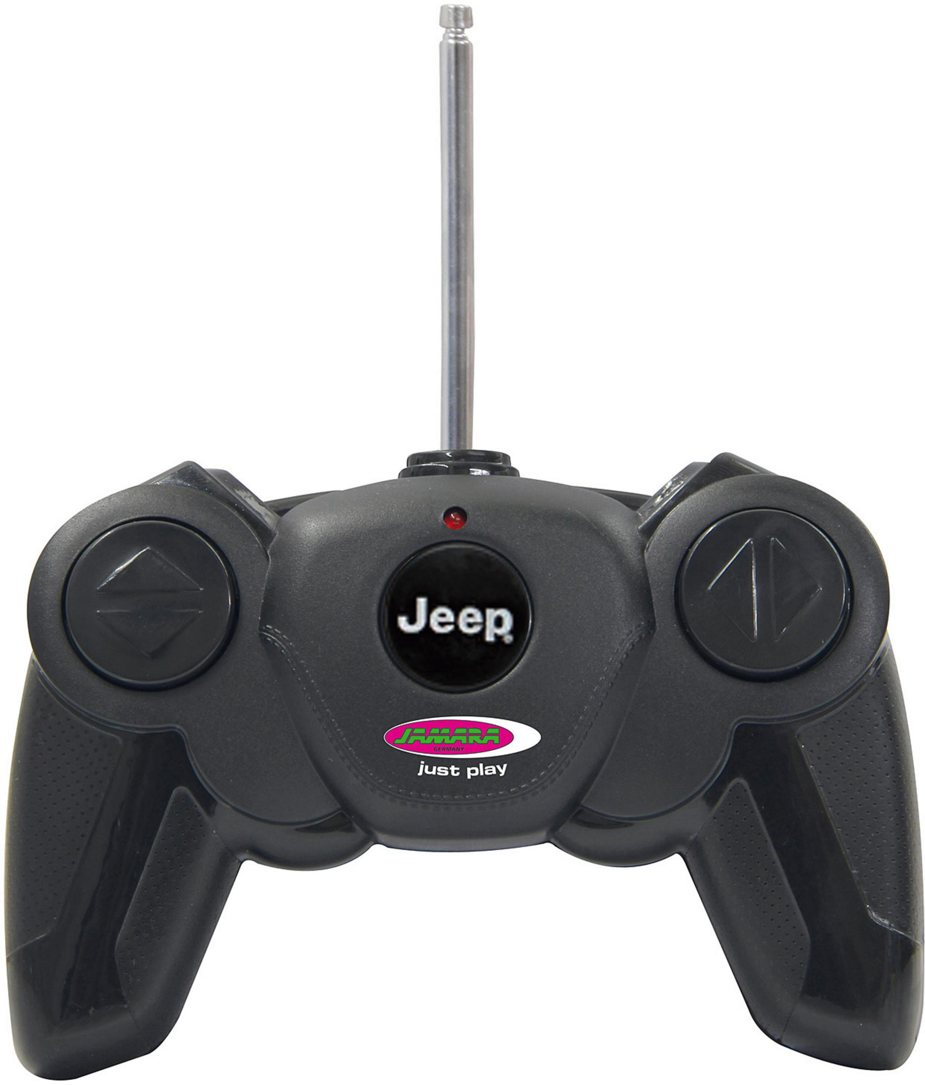 Schwarzer Jeep-Fernbedienung mit Antenne und Joysticks.