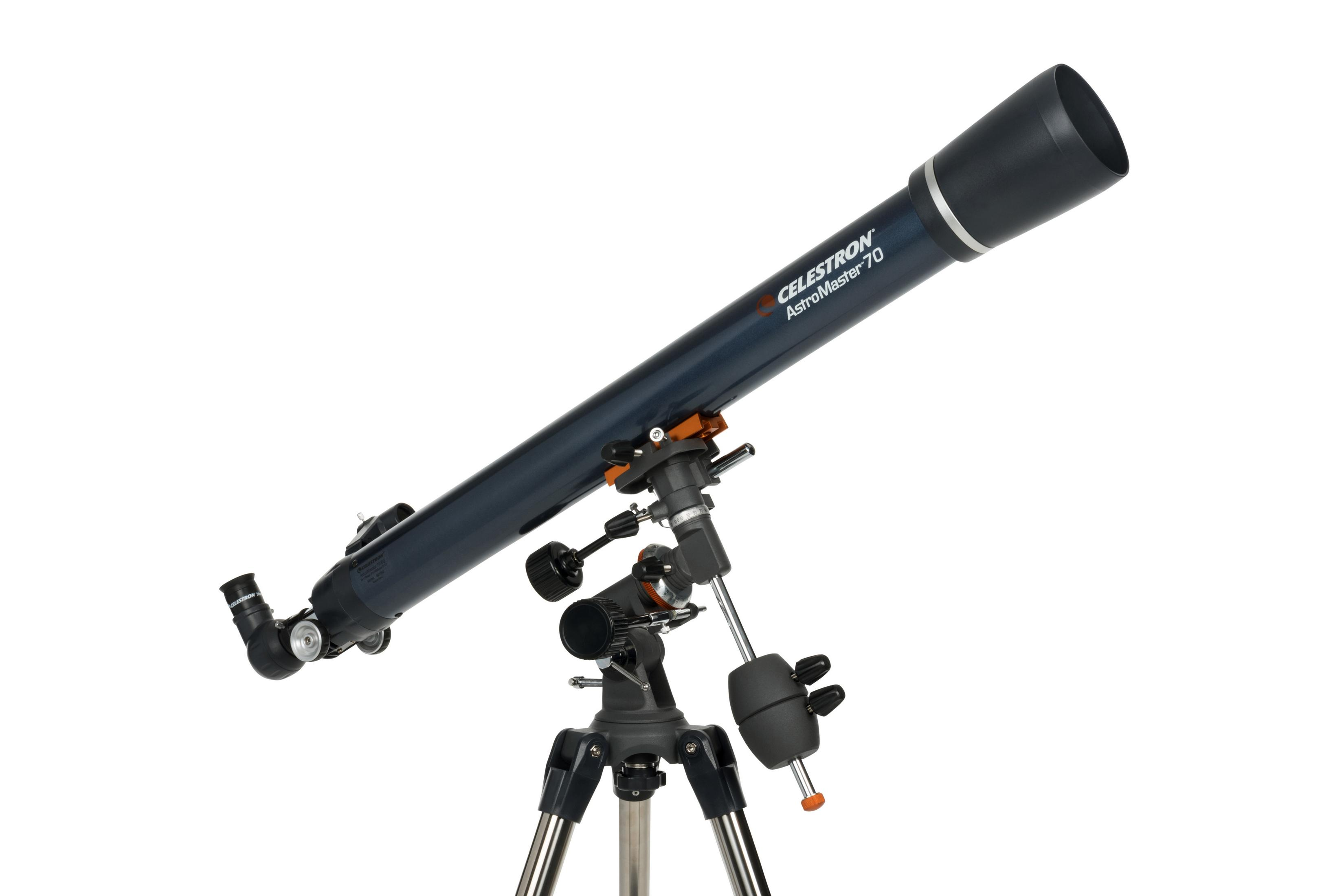 Ein dunkelblauer Celestron AstroMaster 70 Teleskop mit einem Stativ.