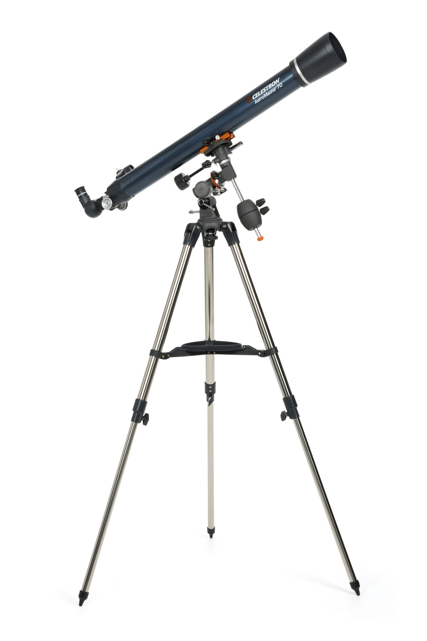 Ein dunkelblauer Celestron AstroMaster 70 Teleskop auf einem silbernen Stativ.