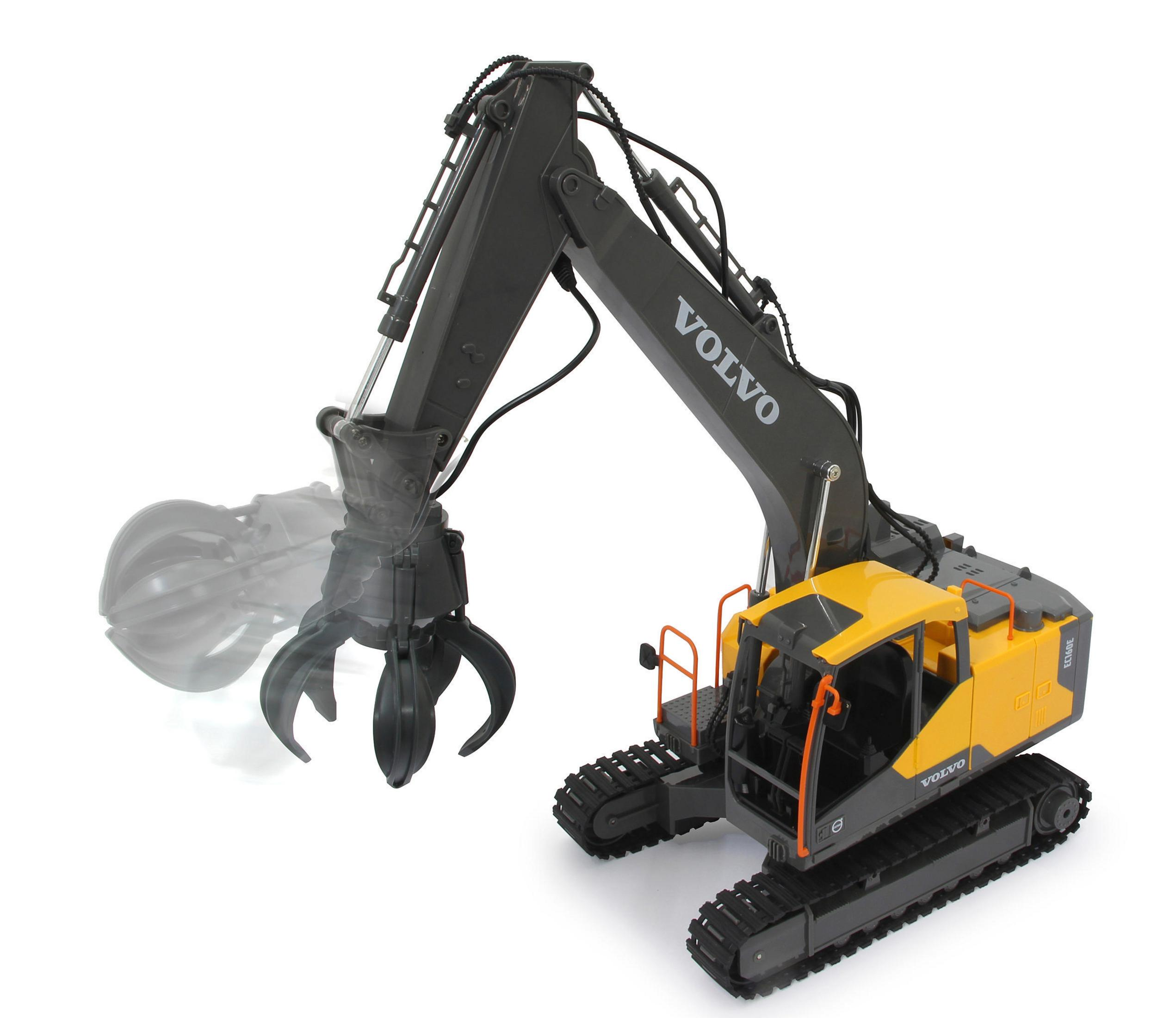 Excavadora Volvo amarilla y gris con brazo de garra sobre fondo blanco.