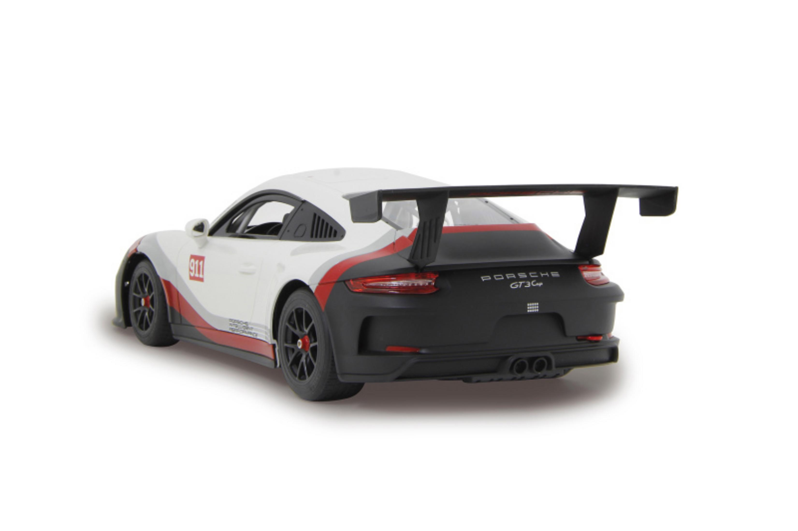 Ein weißer Porsche GT3 Cup mit großem Heckflügel und roten Akzenten auf weißem Hintergrund.