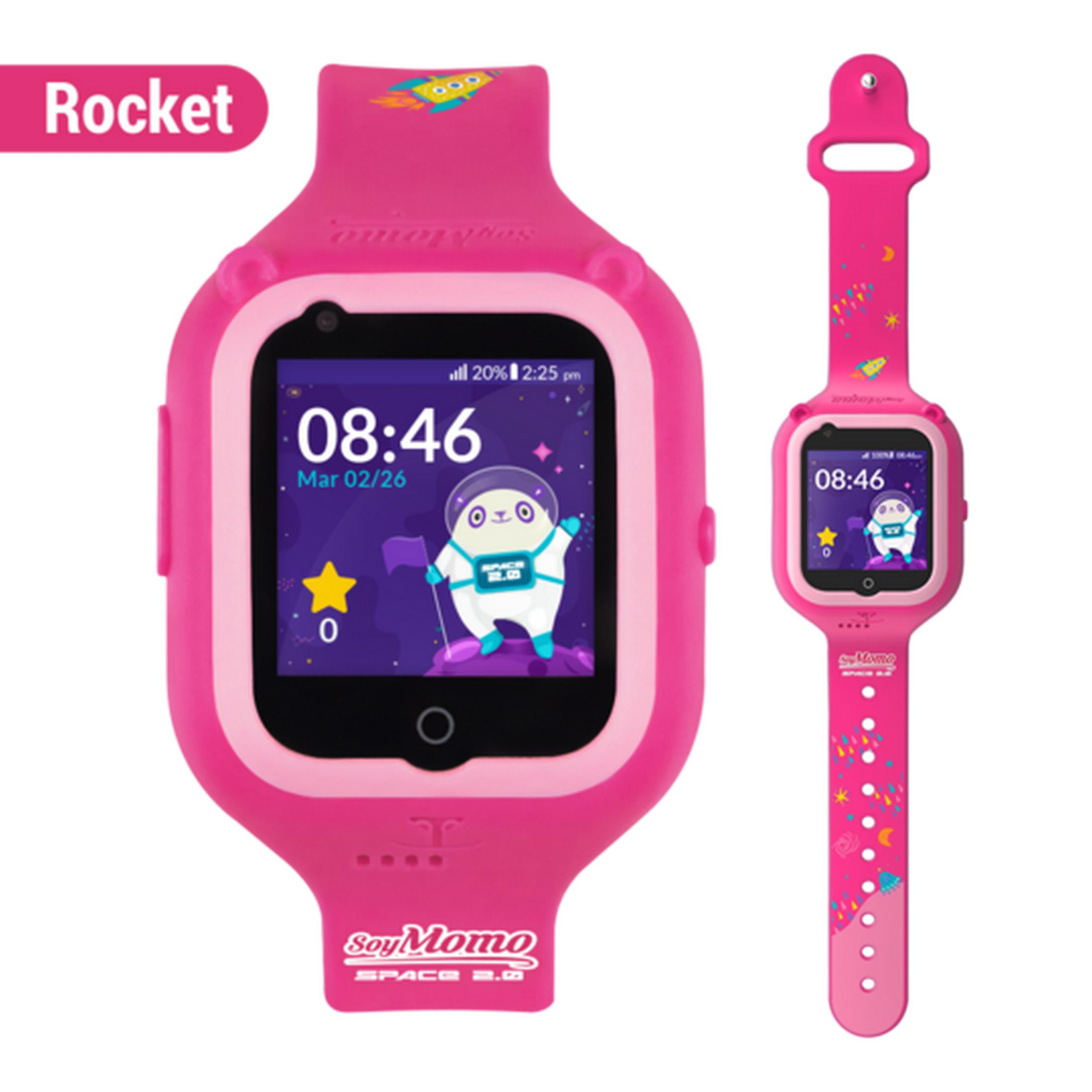 Reloj inteligente rosa con tema espacial: astronauta, estrellas, planetas. Hora 08:46.