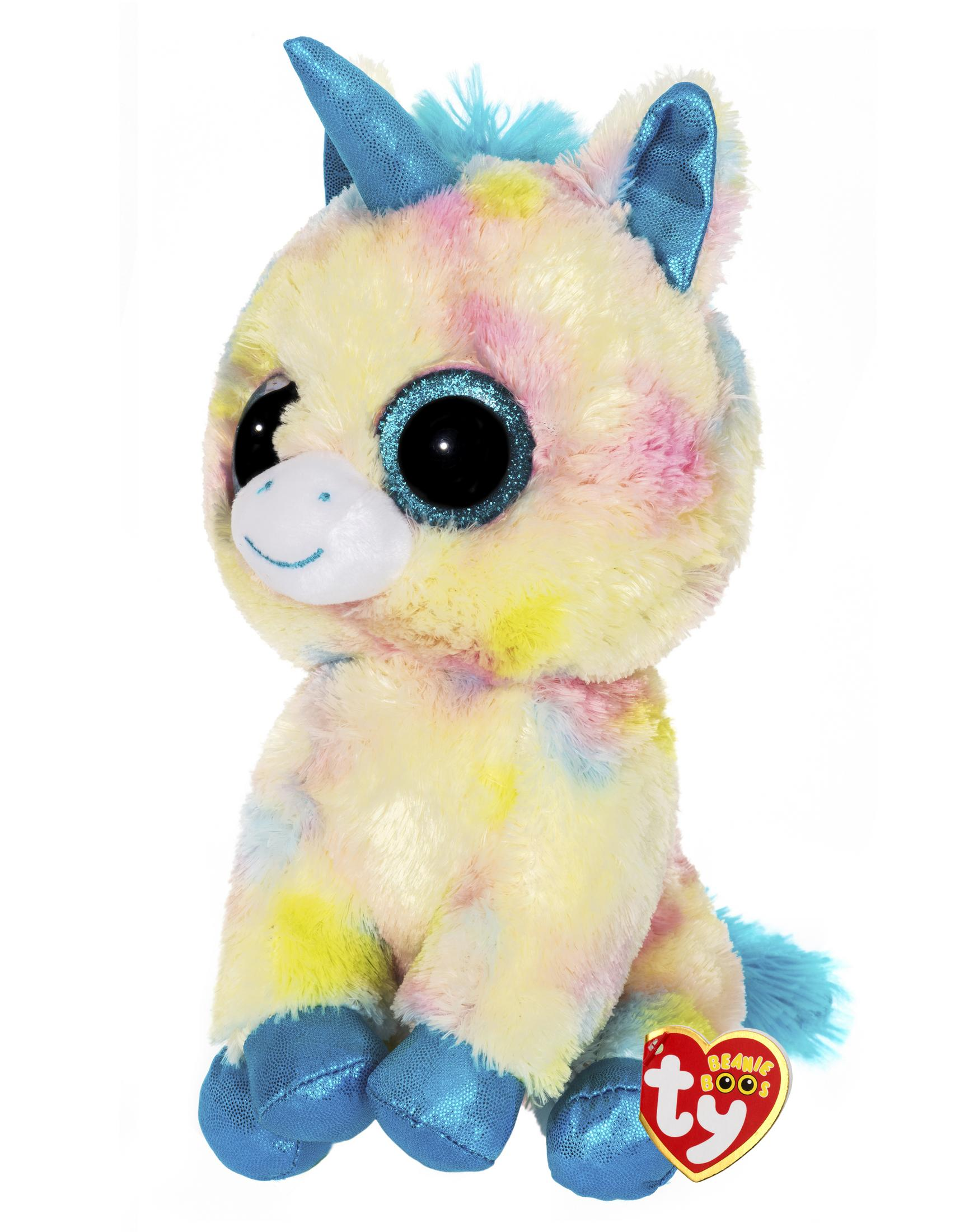A colorful plush unicorn sits with large eyes and blue hooves.
