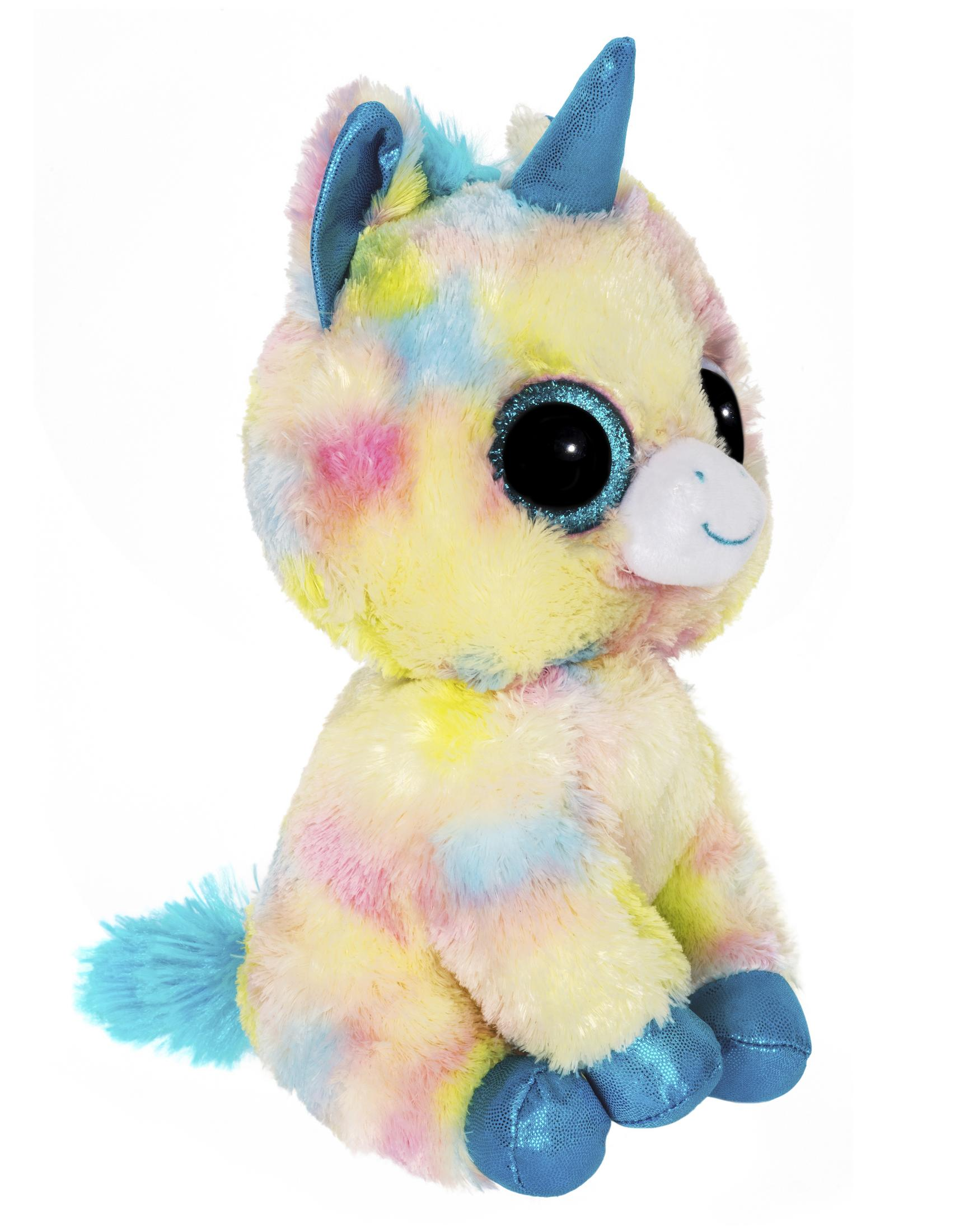 A fluffy plush unicorn with tie-dye colors of yellow, pink, and blue.