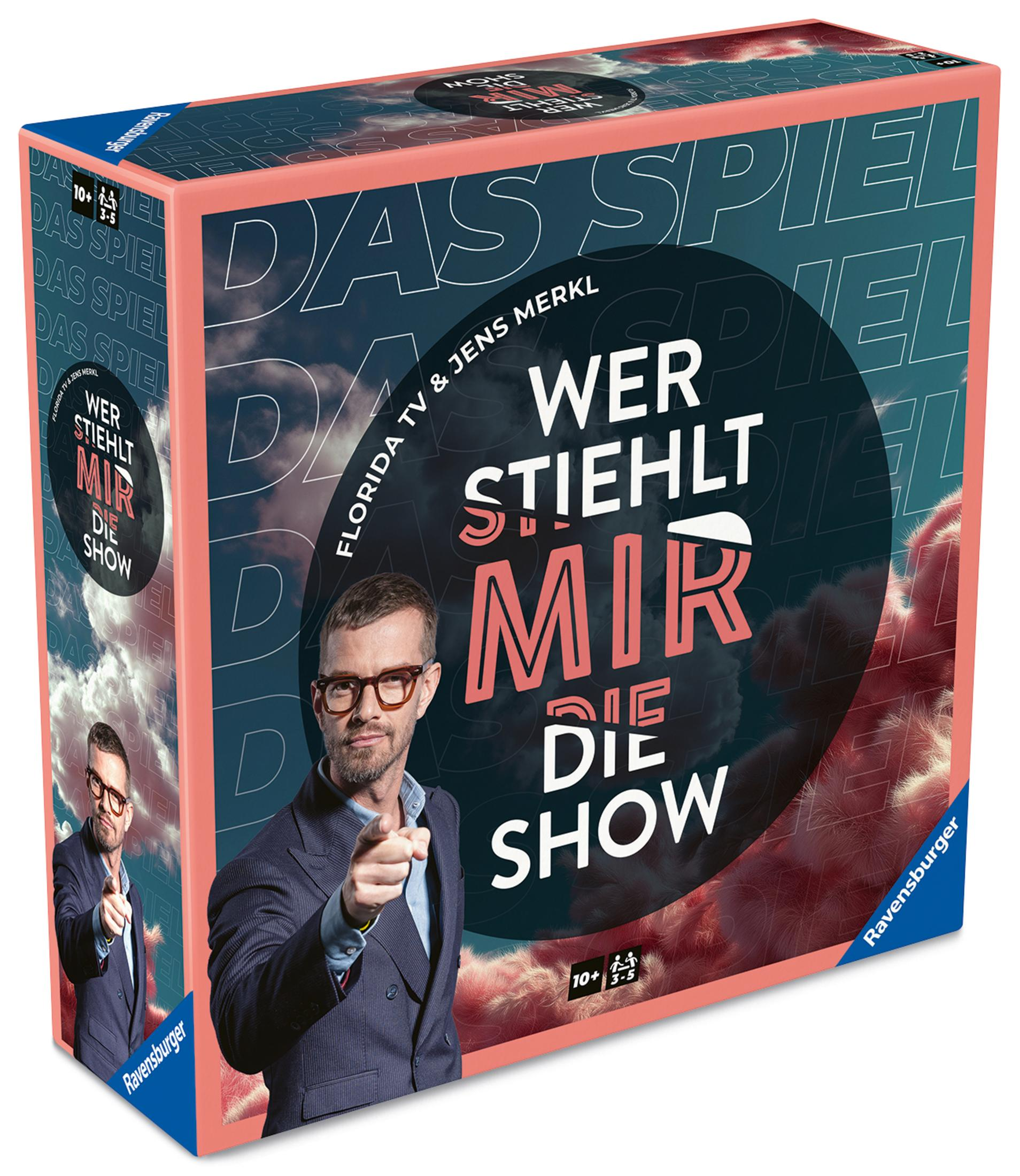 Scatola di gioco da tavolo con un uomo che indica lo spettatore. Testo: Wer stiehlt mir die Show?