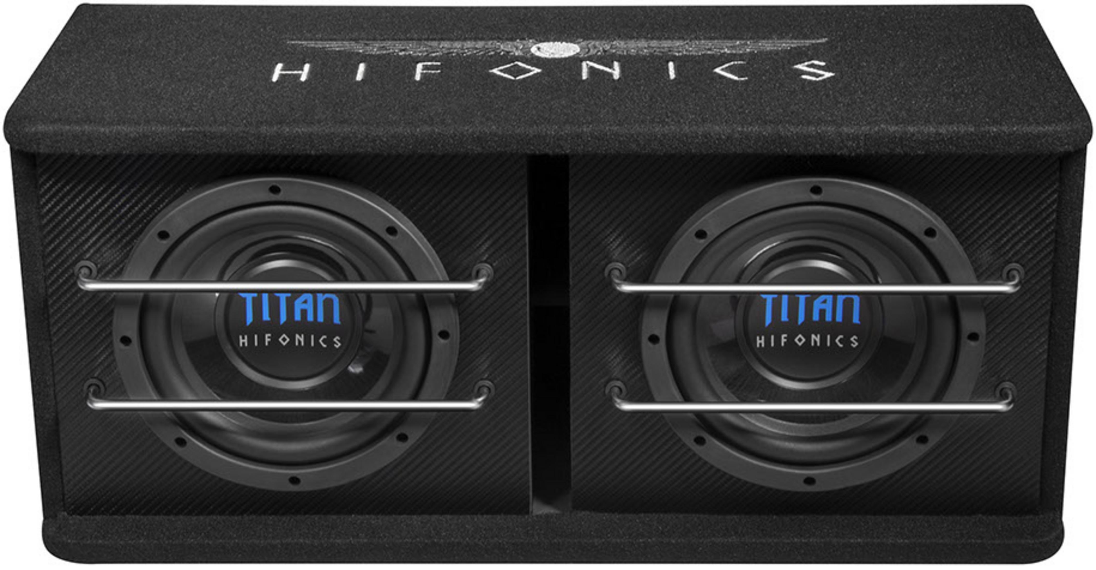 Schwarze Doppel-Subwoofer-Box mit Hifonics Titan-Logos und Metallschutzgittern.