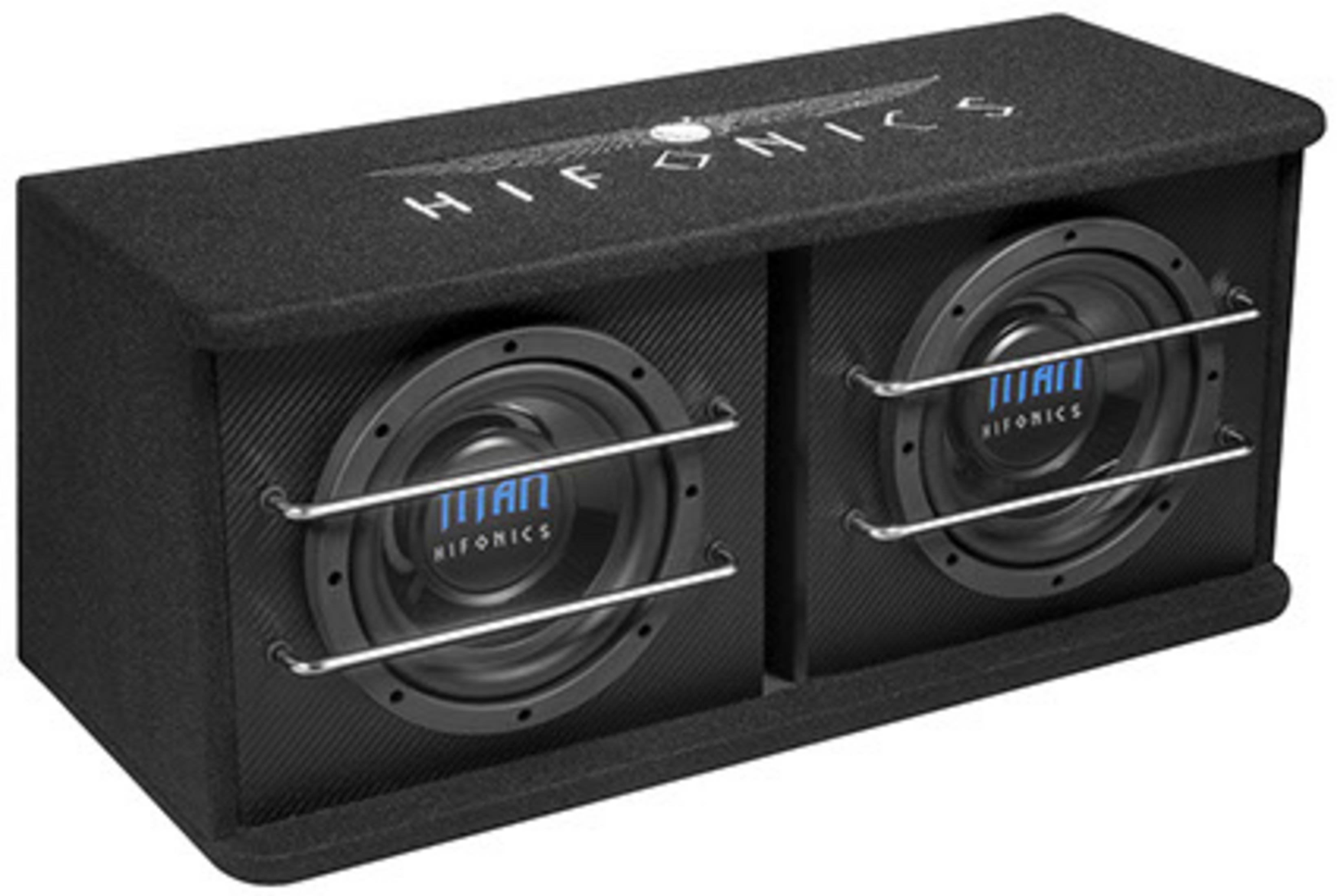 Schwarze Doppel-Subwoofer-Box mit Hifonics-Logo und silbernen Schutzstangen.