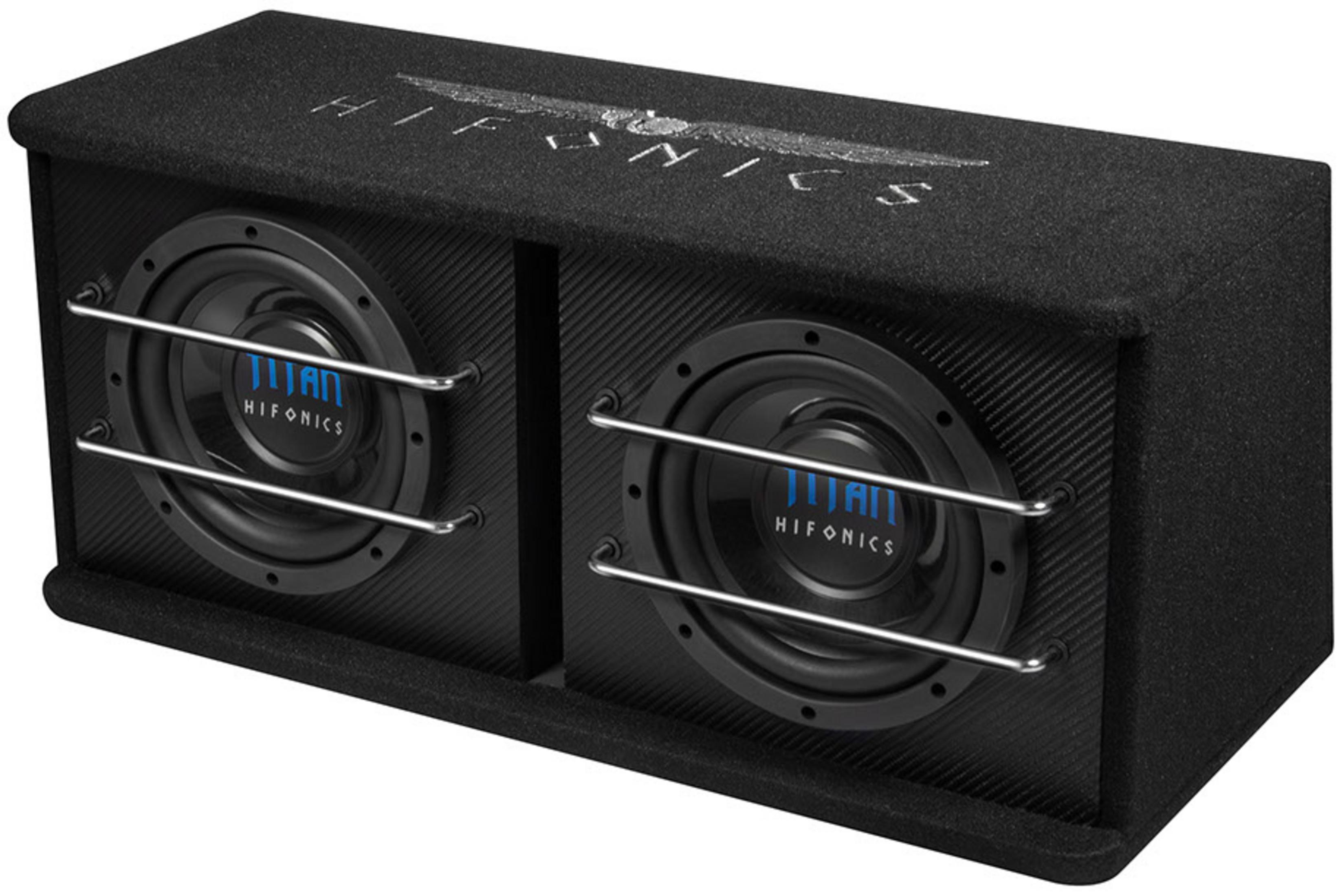 Schwarze Doppel-Subwoofer-Box mit silbernen Gittern und Hifonics-Logo.