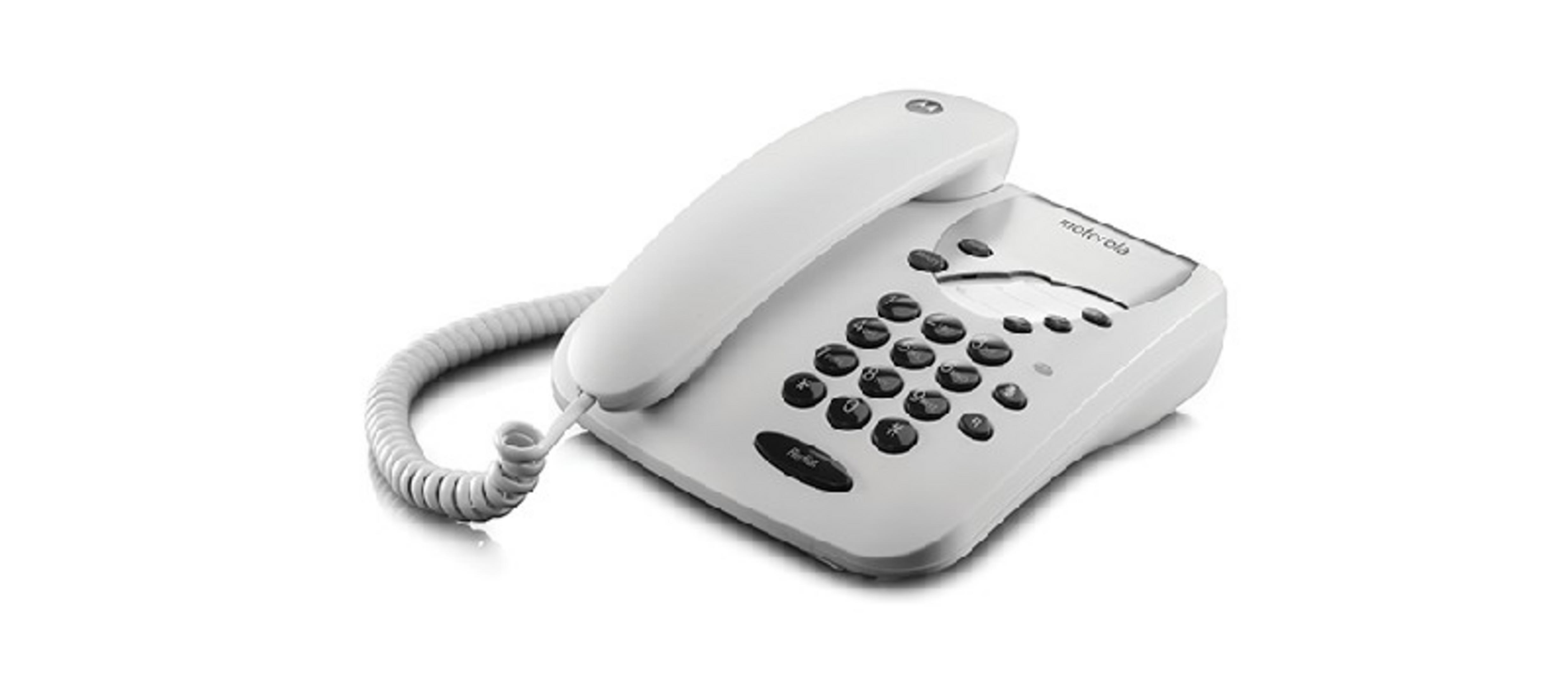 Un telefono fisso bianco Motorola con cornetta a spirale e tastiera.