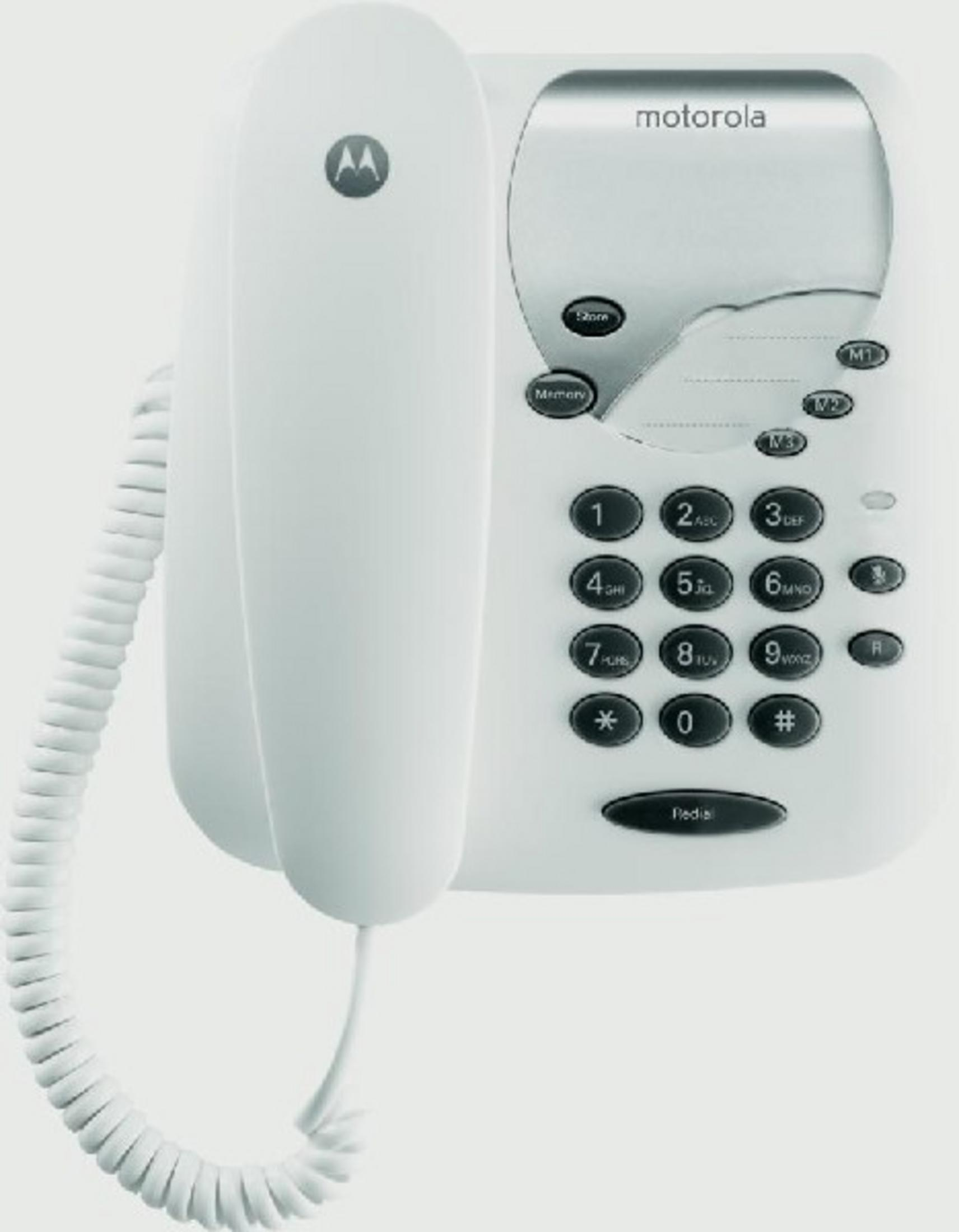 Un telefono fisso bianco Motorola con tastiera e cornetta.