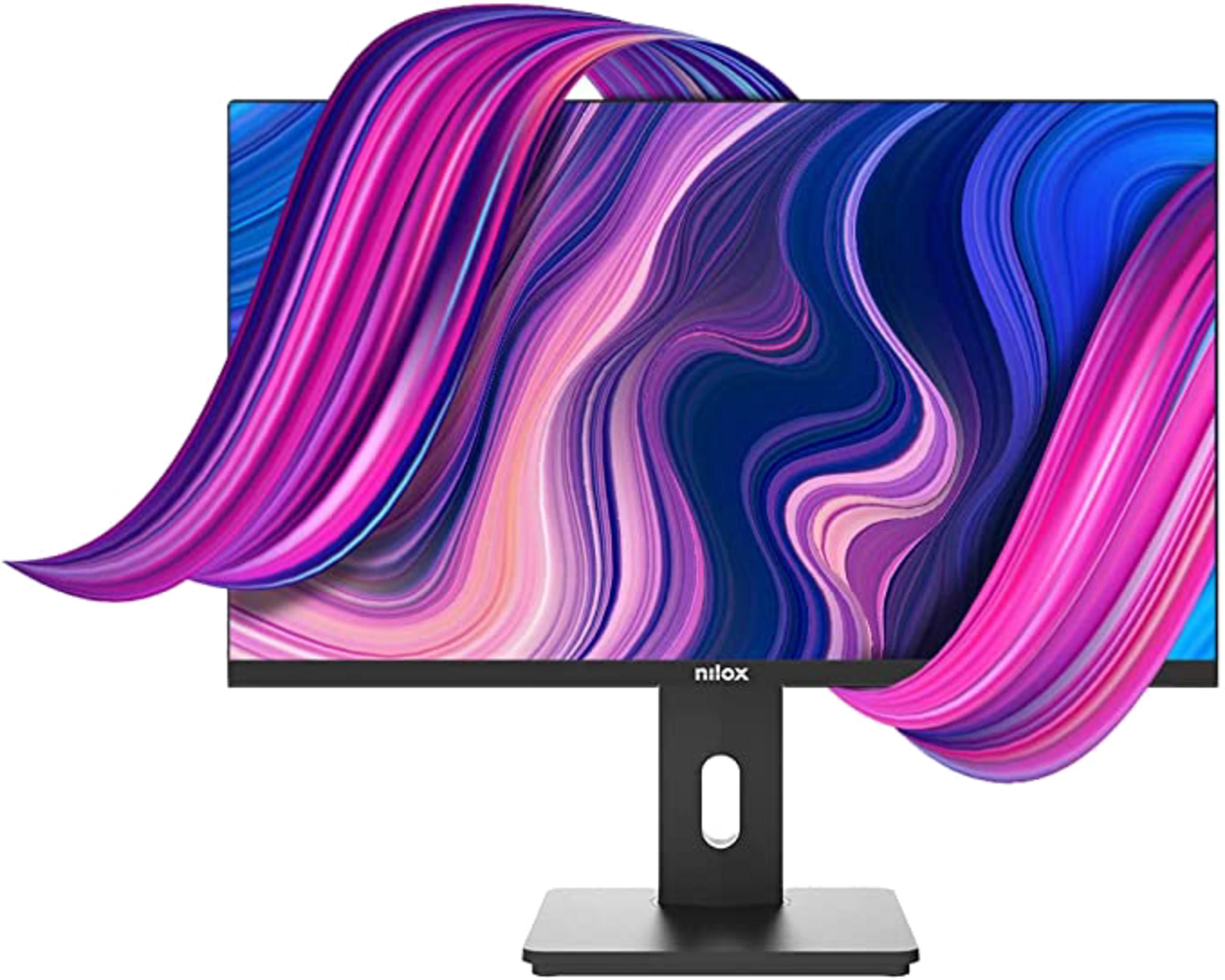Un monitor negro con un patrón colorido y fluido en la pantalla.