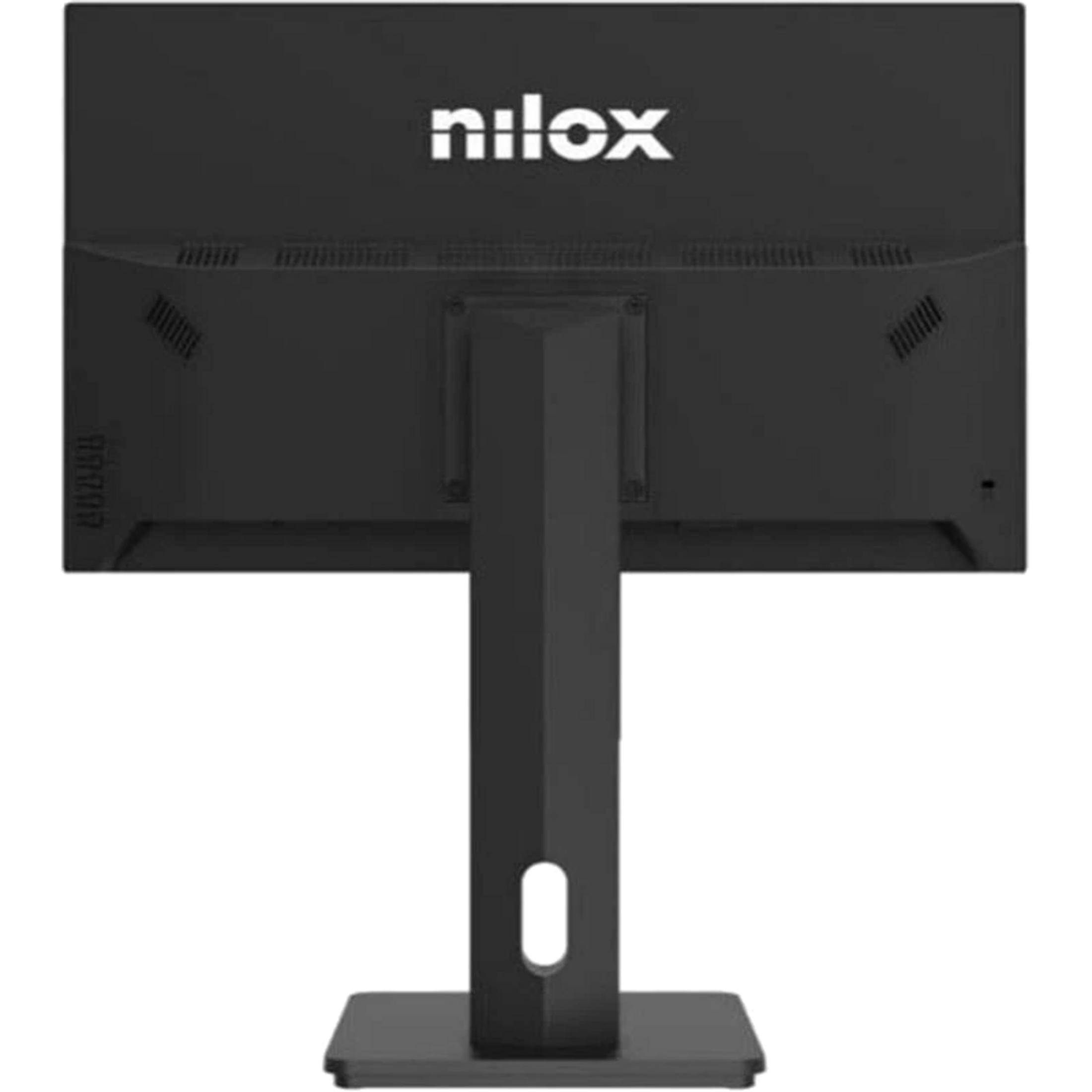 Parte trasera de un monitor Nilox negro con soporte y ranuras de ventilación.