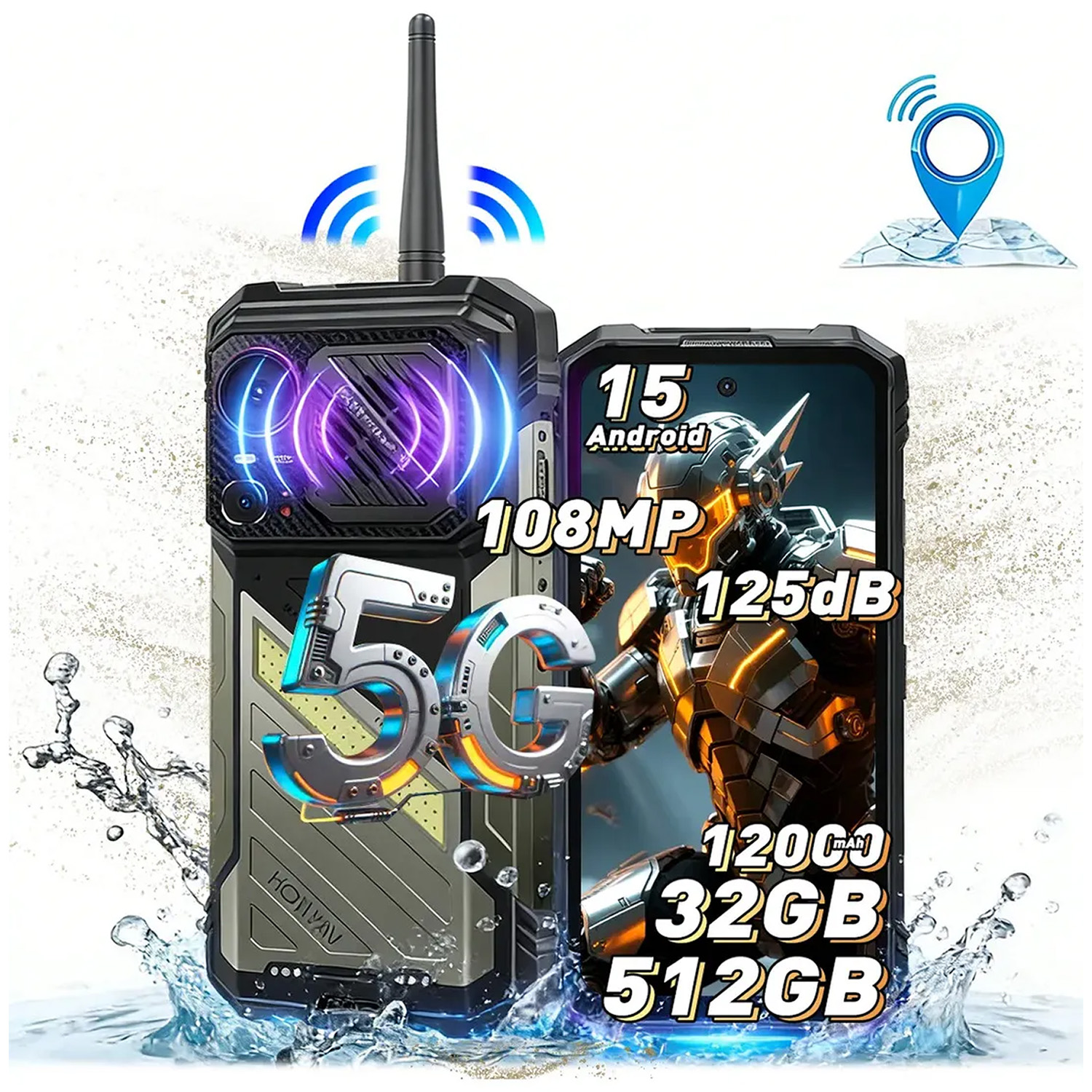 Robustes 5G-Smartphone mit Antenne, Display mit Android-Roboter, Wasserspritzer.