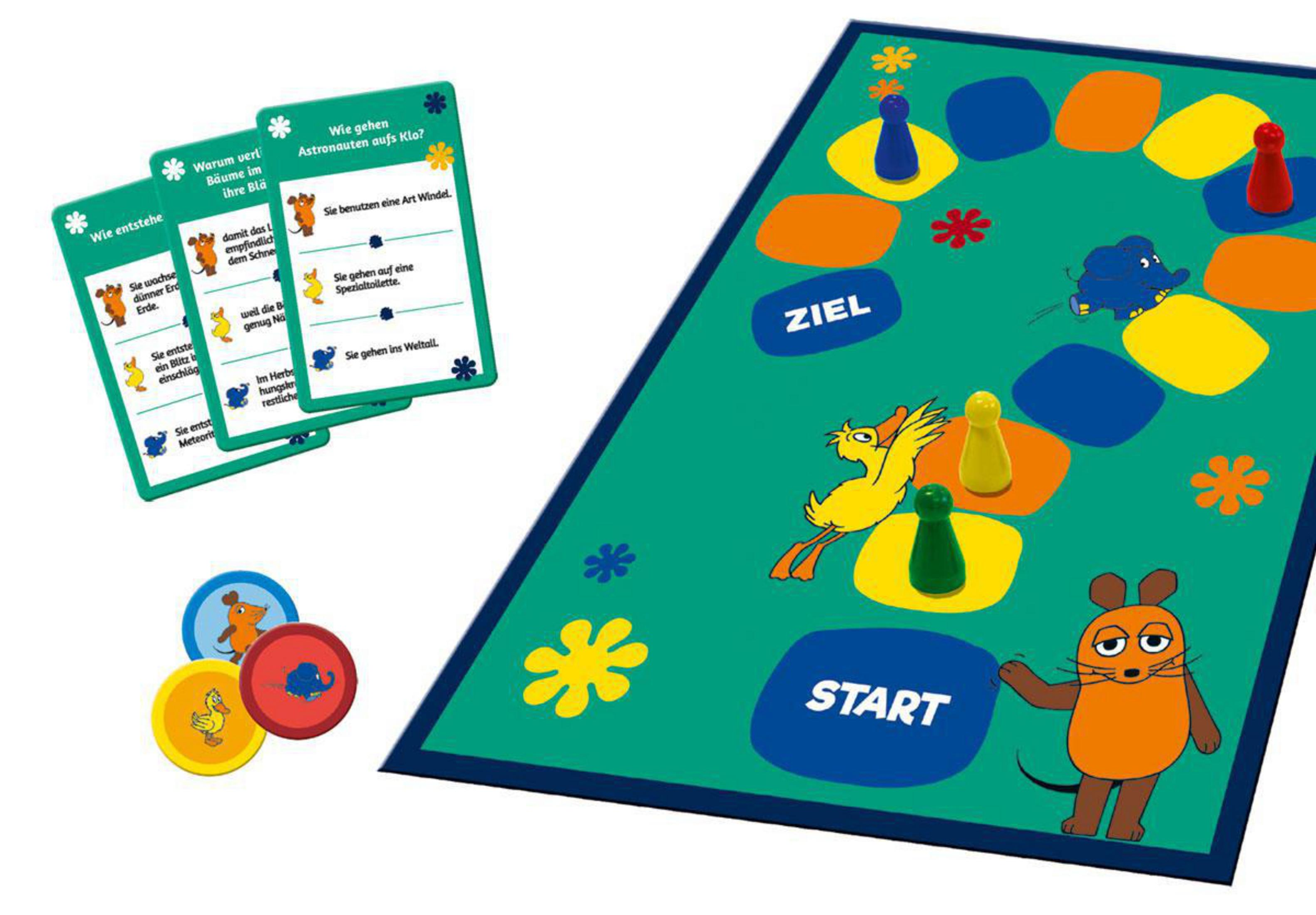 Brettspiel mit Karten und Spielfiguren auf grünem Hintergrund. Start- und Zielfeld.