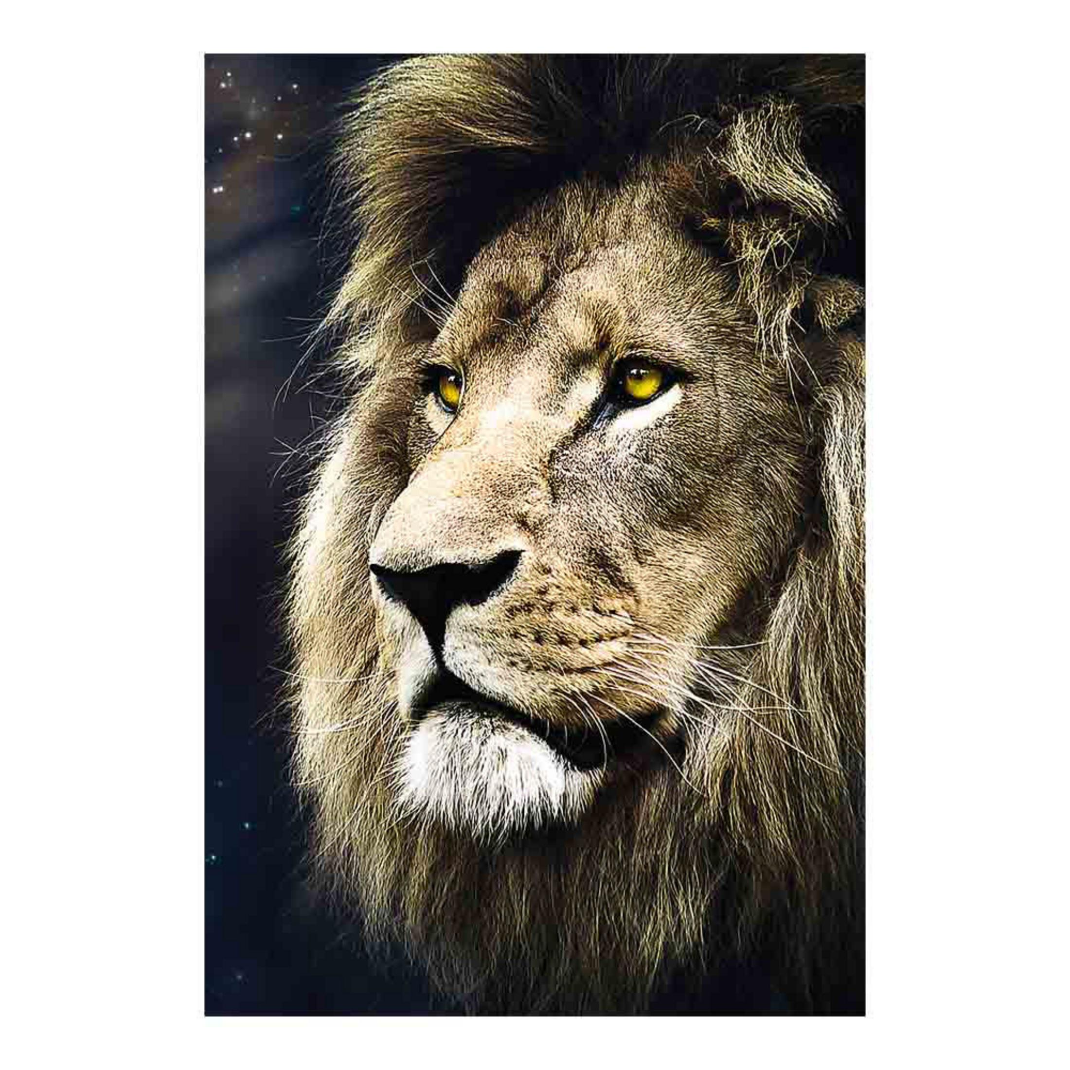 Un león con ojos amarillos y melena densa mira a la izquierda.