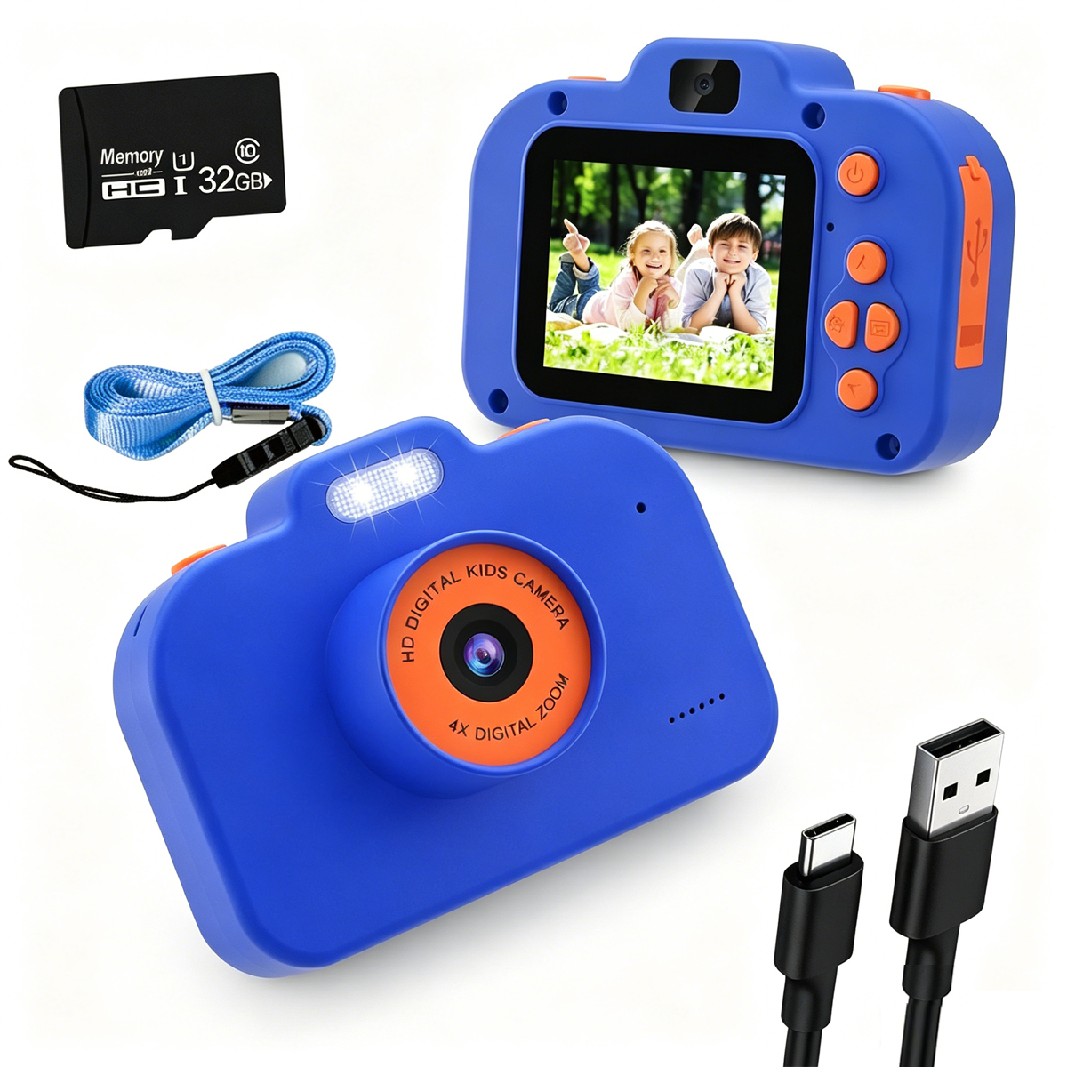 Zwei blaue Digitalkameras für Kinder, Speicherkarten, Ladekabel und Trageband.