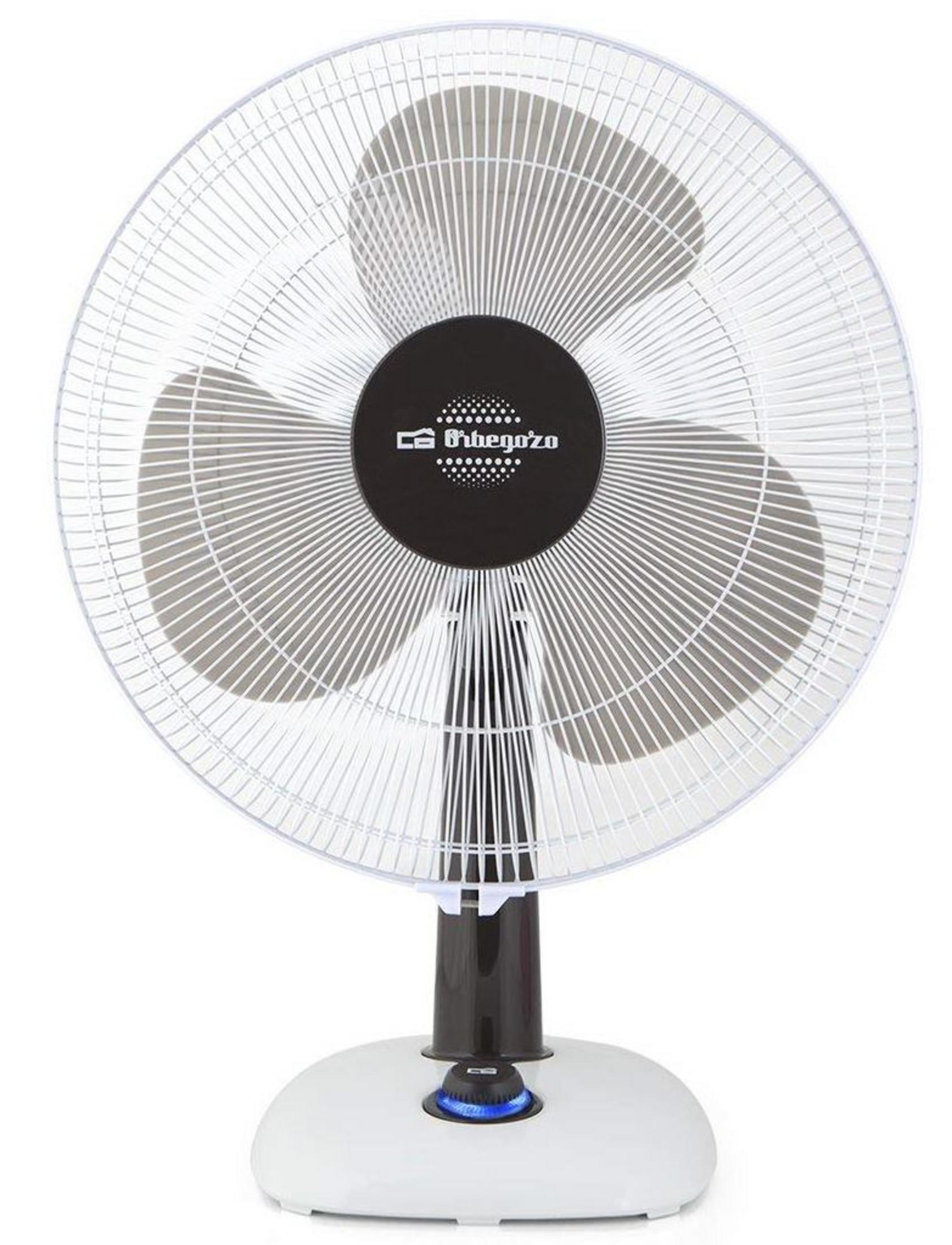 Ventilatore da terra bianco con tre pale grigie e centro nero.