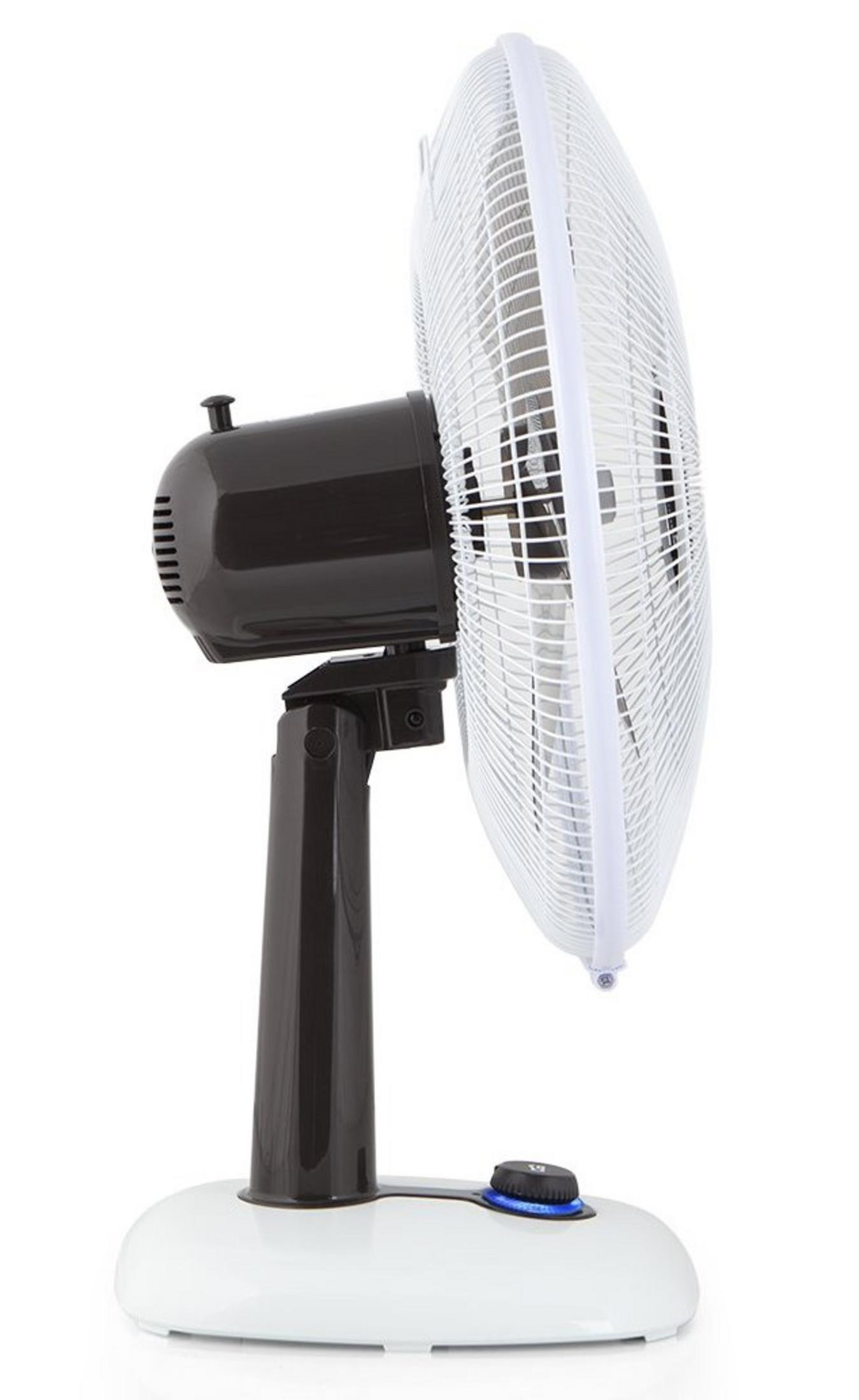 Un ventilatore da tavolo bianco con motore e supporto neri su sfondo bianco.