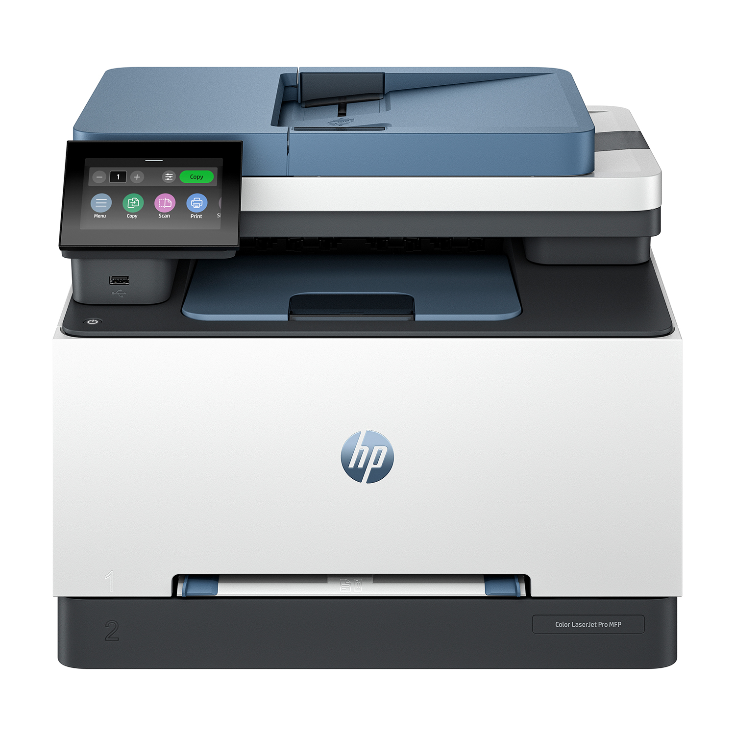 Biała drukarka HP Color LaserJet Pro MFP z niebieską górą i ekranem dotykowym.