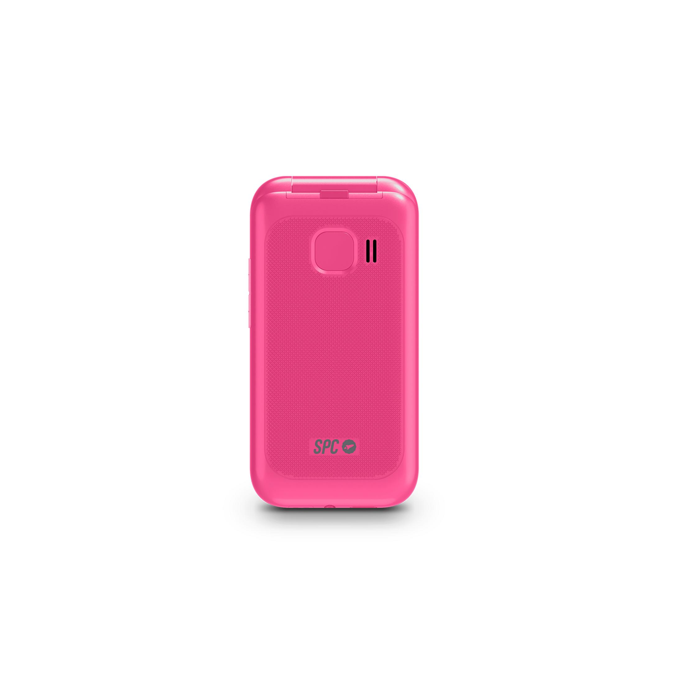 Un telefono a conchiglia rosa con motivo testurizzato e logo SPC.