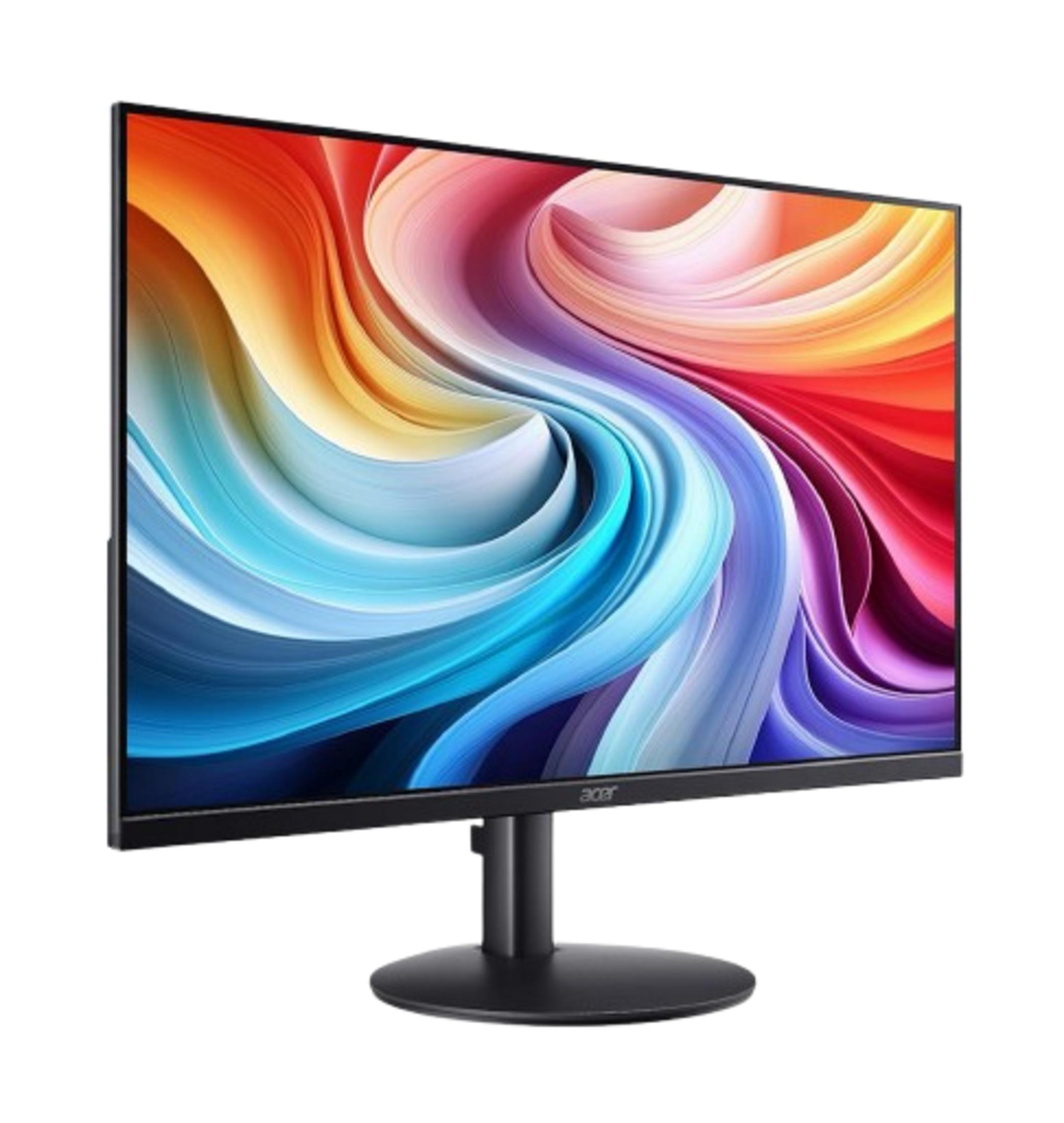 Monitor nero con un motivo colorato e vorticoso sullo schermo.