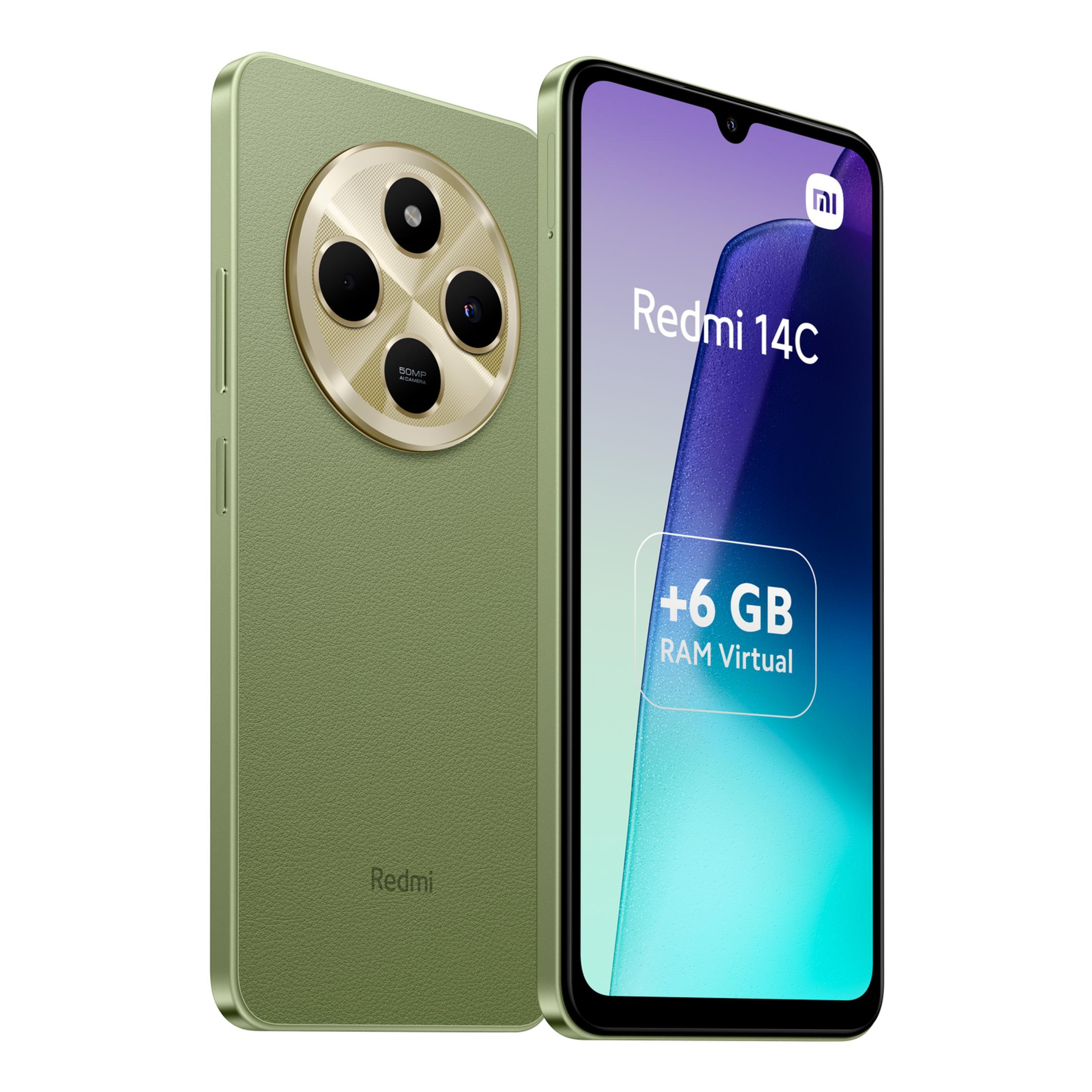Smartphone verde con modulo fotocamera rotondo e schermo che mostra 'Redmi 14C'.